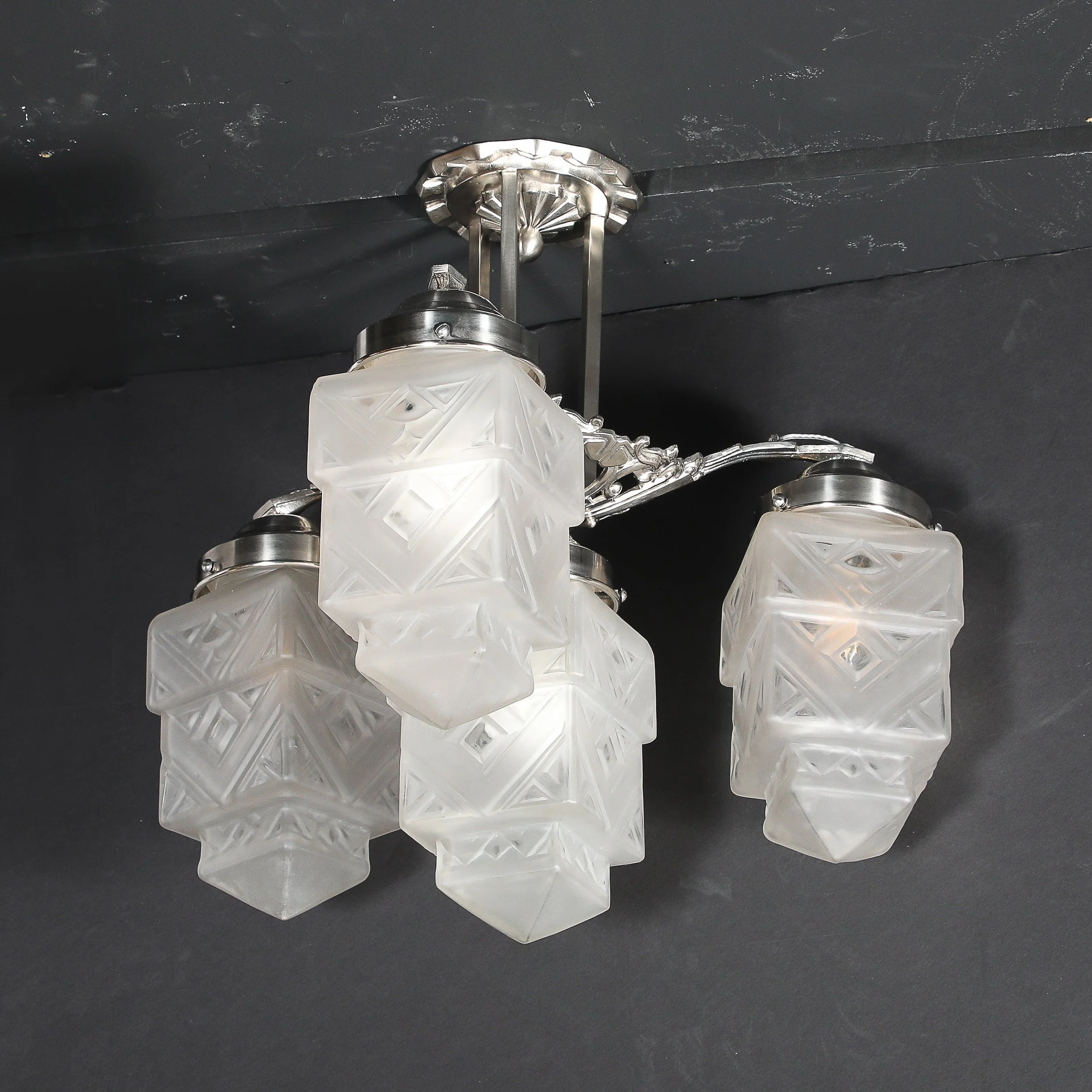 Art Deco Skyscraper-Style Nickeled Bronze & Frosted Glass 4-Arm Chandelier offered by High Style Deco — image 18