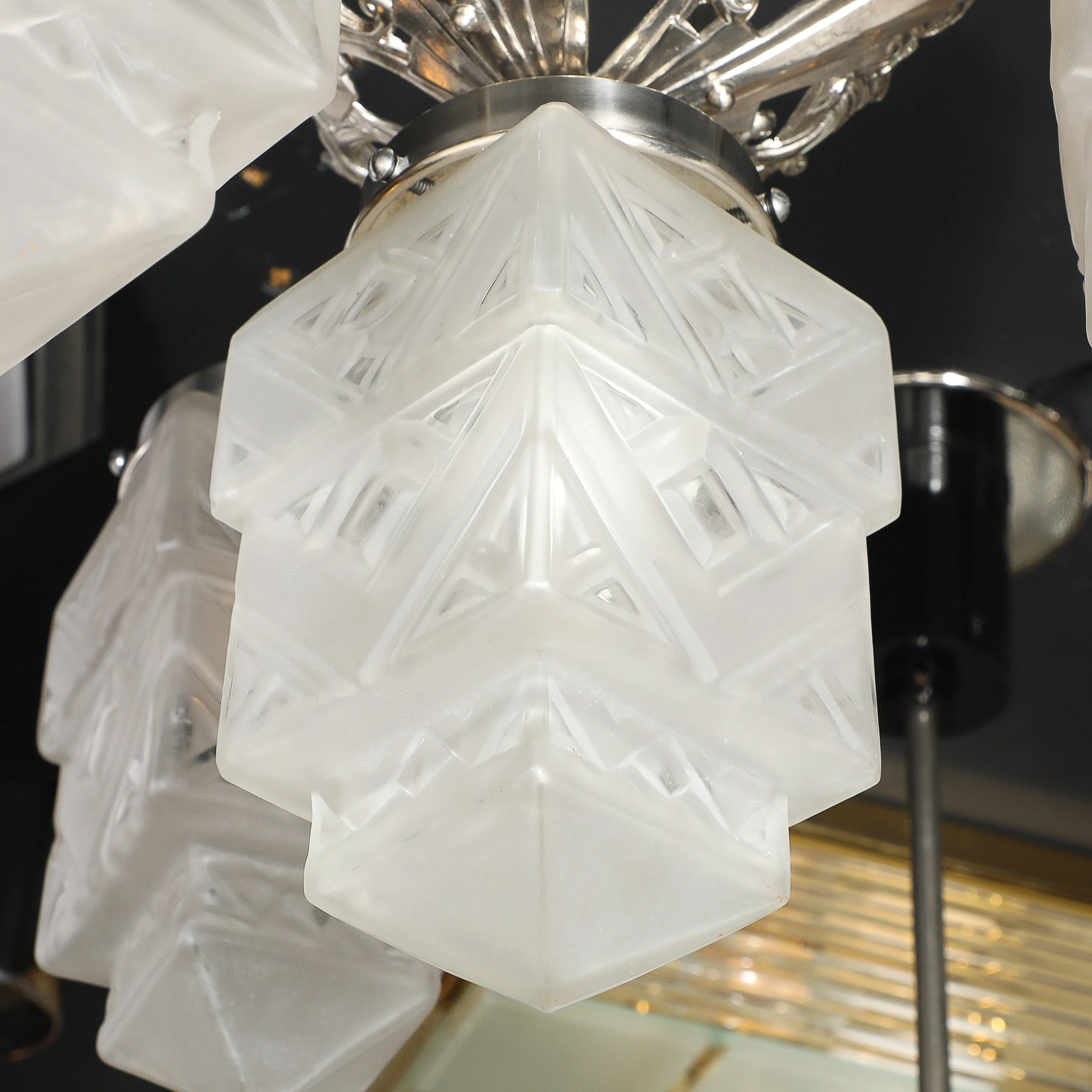 Art Deco Skyscraper-Style Nickeled Bronze & Frosted Glass 4-Arm Chandelier offered by High Style Deco — image 20