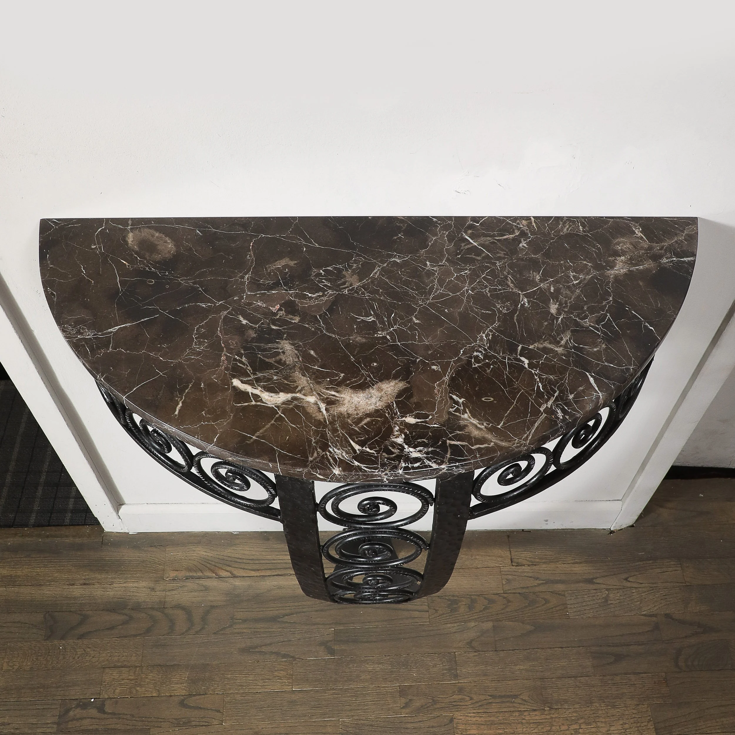 Art Deco Demilune Wrought-Iron Spiral & Noir St Laurent Marble Console Table offered by High Style Deco — image 5