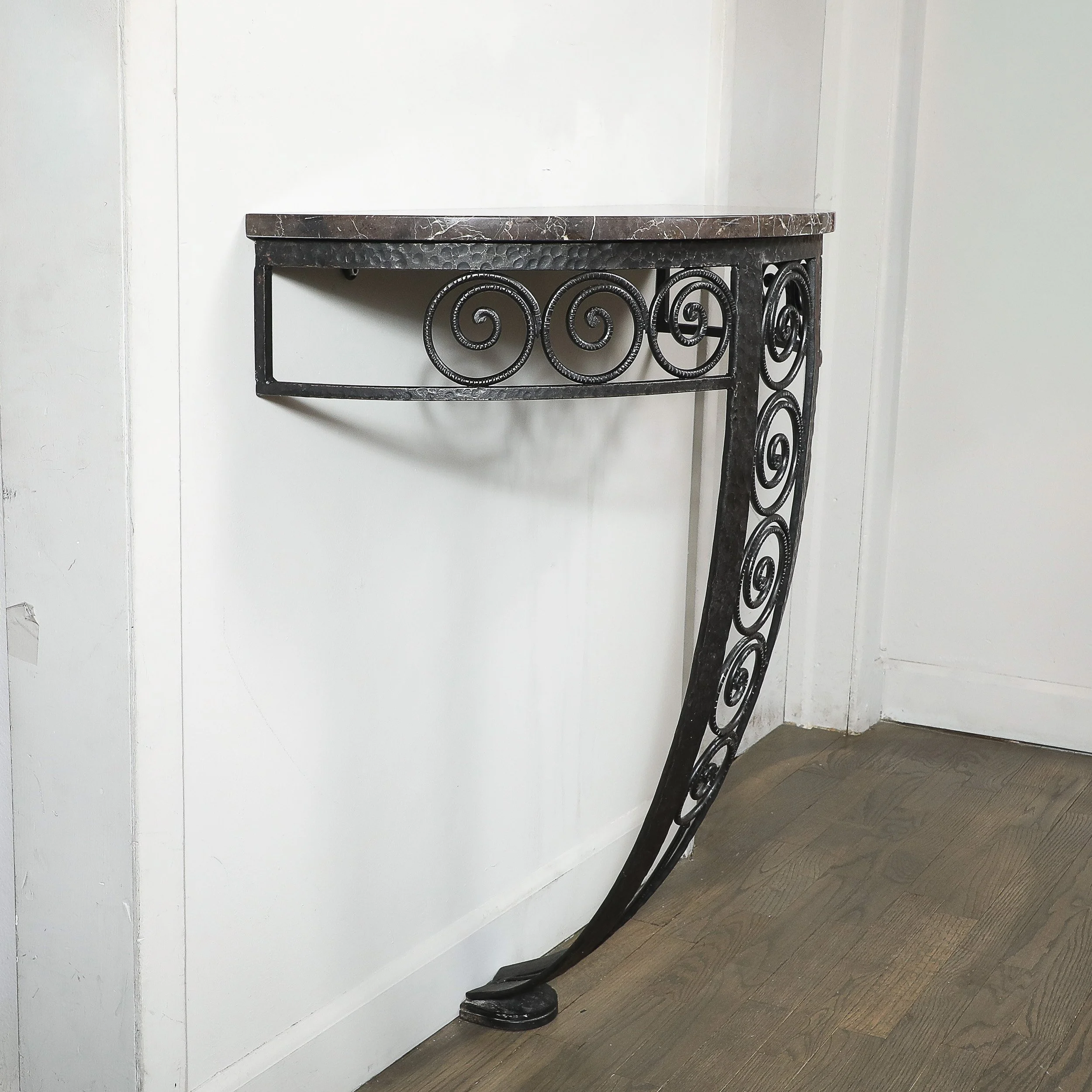 Art Deco Demilune Wrought-Iron Spiral & Noir St Laurent Marble Console Table offered by High Style Deco — image 2