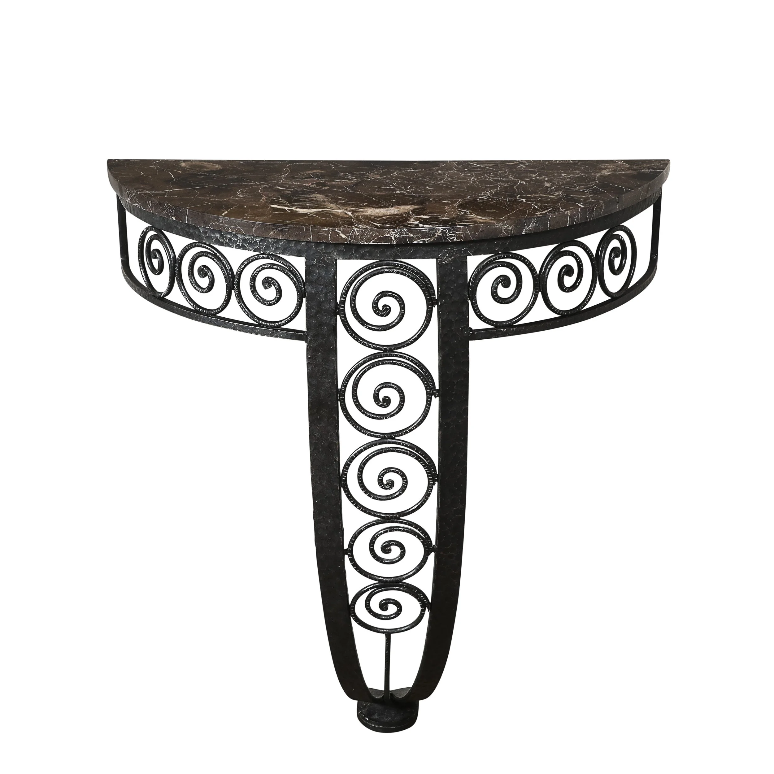 Art Deco Demilune Wrought-Iron Spiral & Noir St Laurent Marble Console Table offered by High Style Deco — image 1