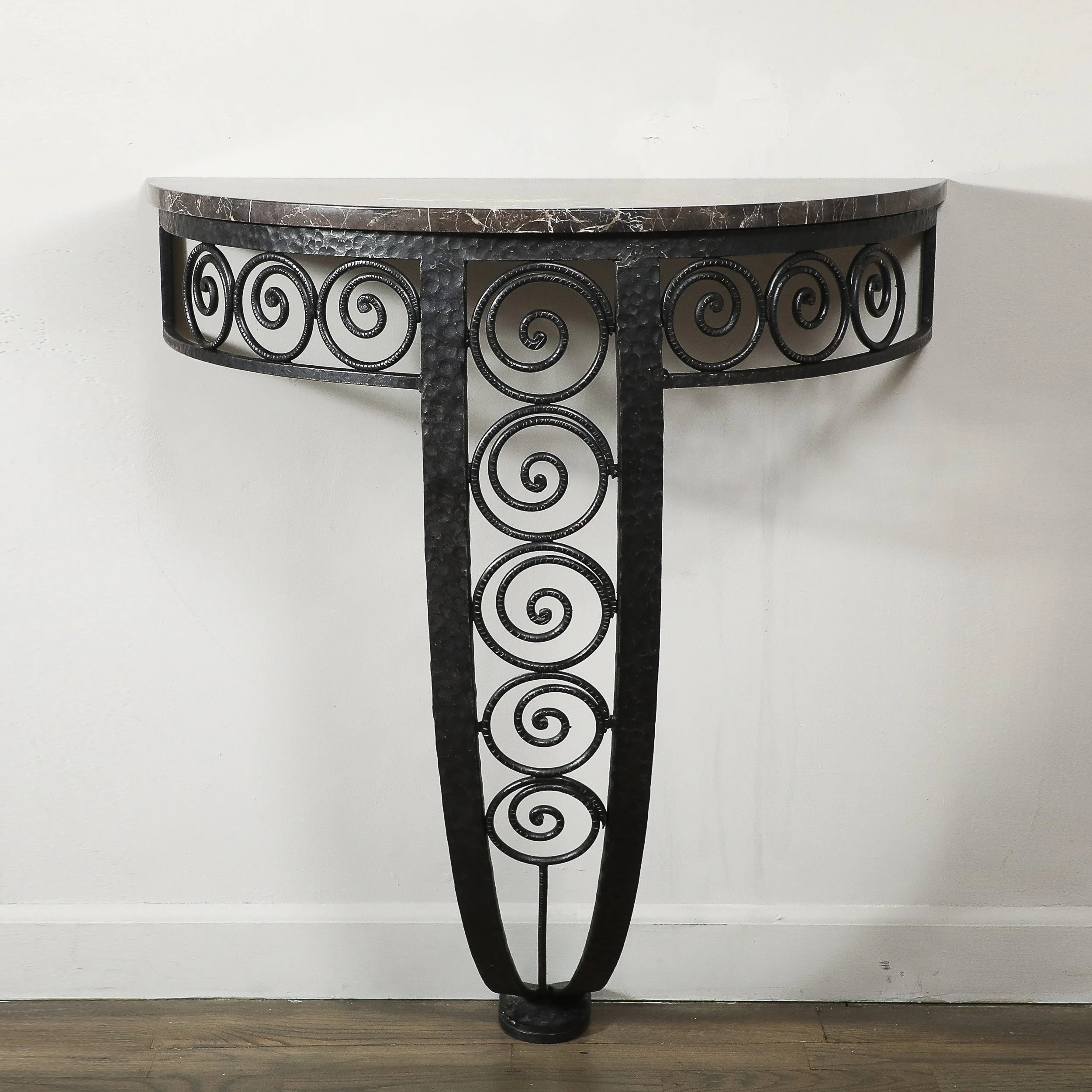 Art Deco Demilune Wrought-Iron Spiral & Noir St Laurent Marble Console Table offered by High Style Deco — image 7