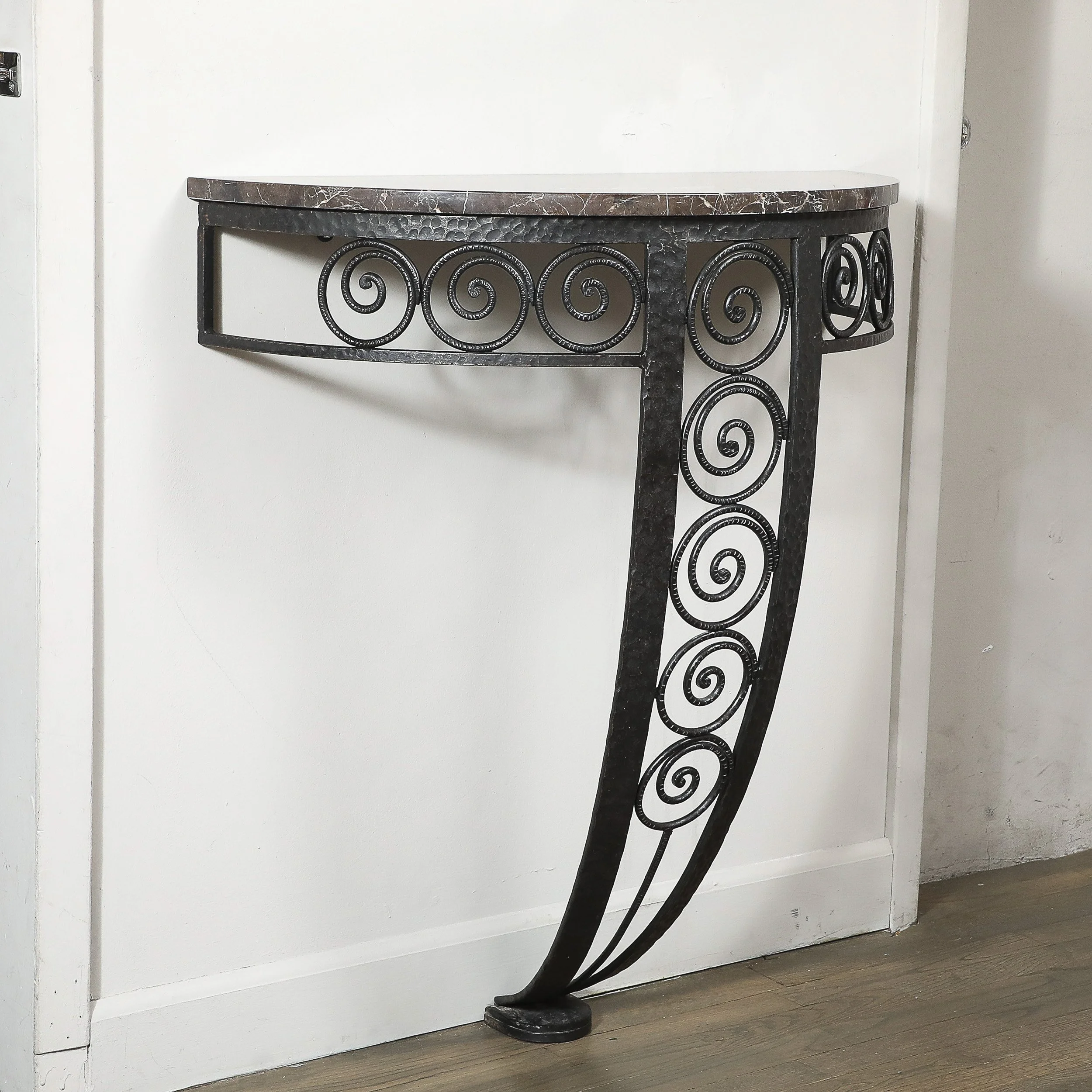 Art Deco Demilune Wrought-Iron Spiral & Noir St Laurent Marble Console Table offered by High Style Deco — image 12