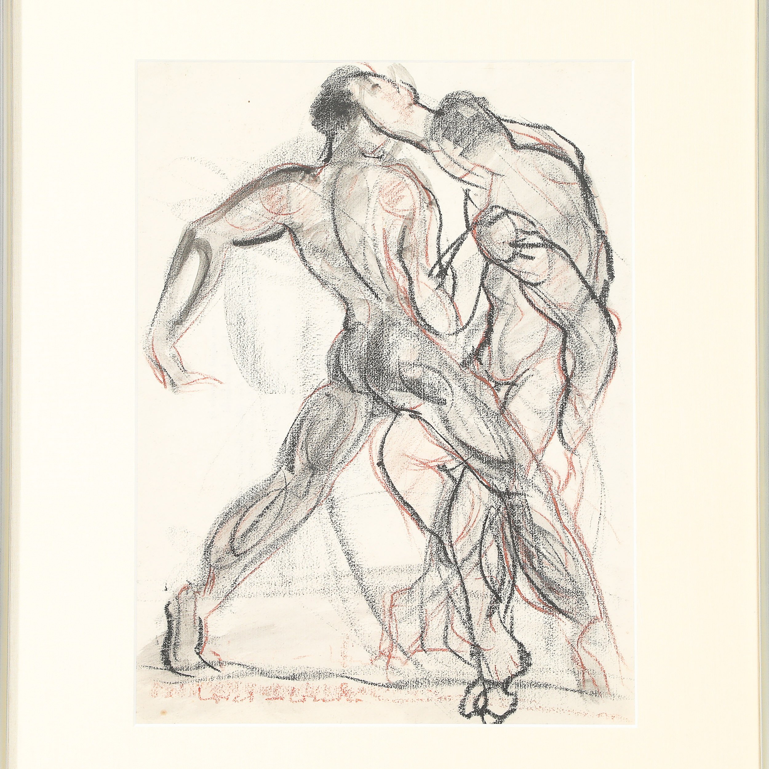 Mid-Century "Boxers" Charcoal & Conte w/ Watercolor signed Boris Lovet-Lorski offered by High Style Deco — image 2