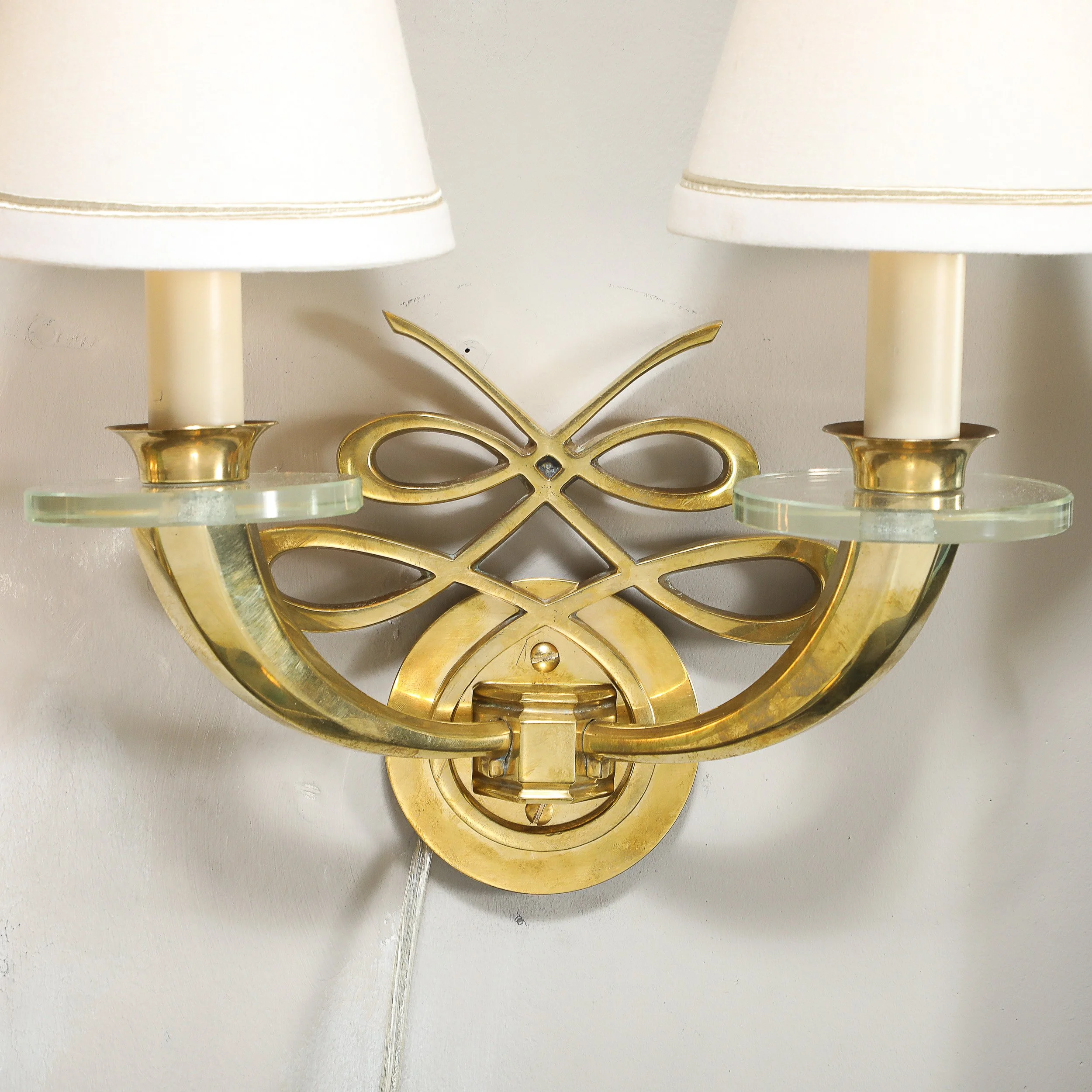 Pair of Art Deco Jules Leleu Polished Brass & Glass Ribbon Sconces offered by High Style Deco — image 2