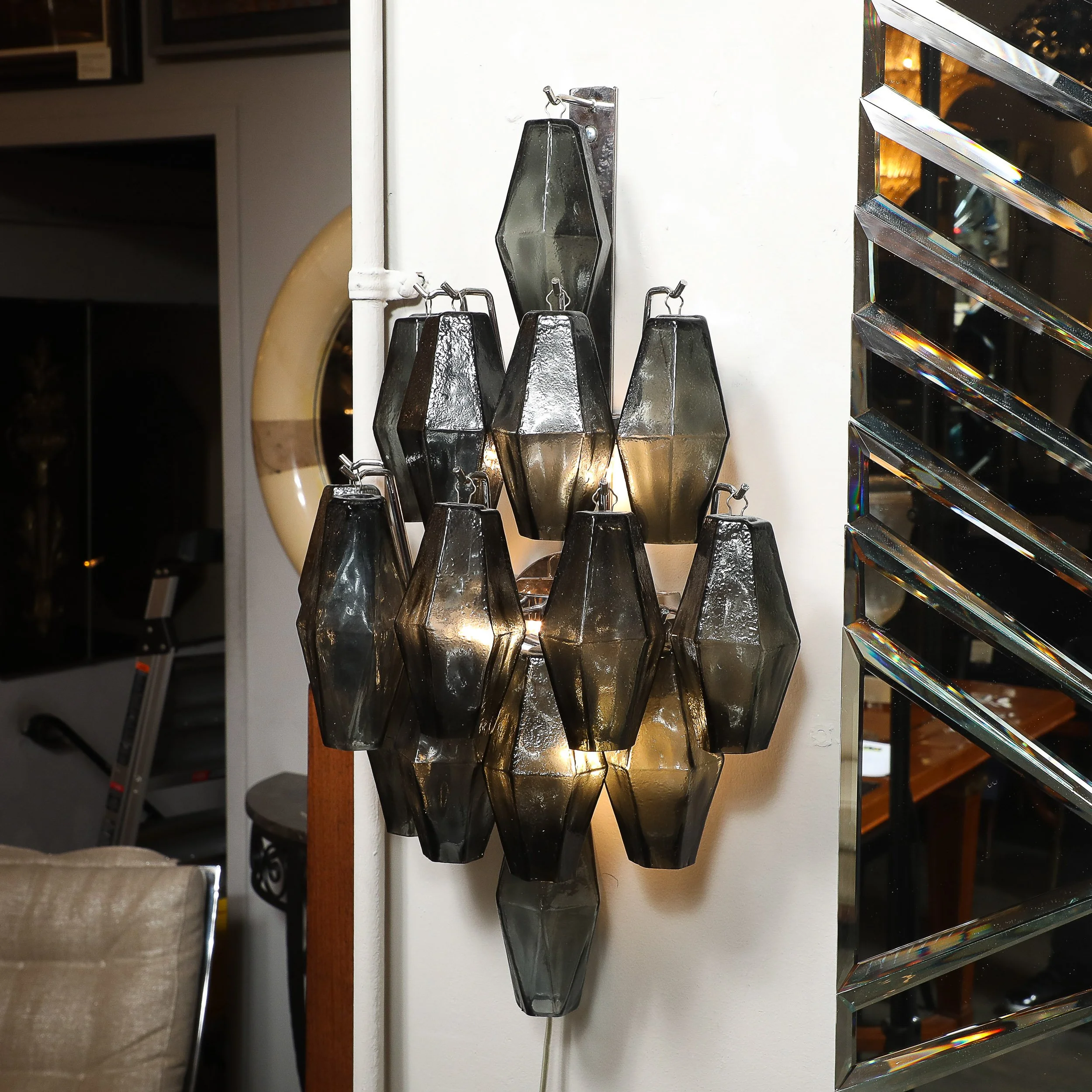 Pair of Modernist Smoked Gray Murano Glass Diamond-Form Polyhedral Wall Sconces offered by High Style Deco — image 3