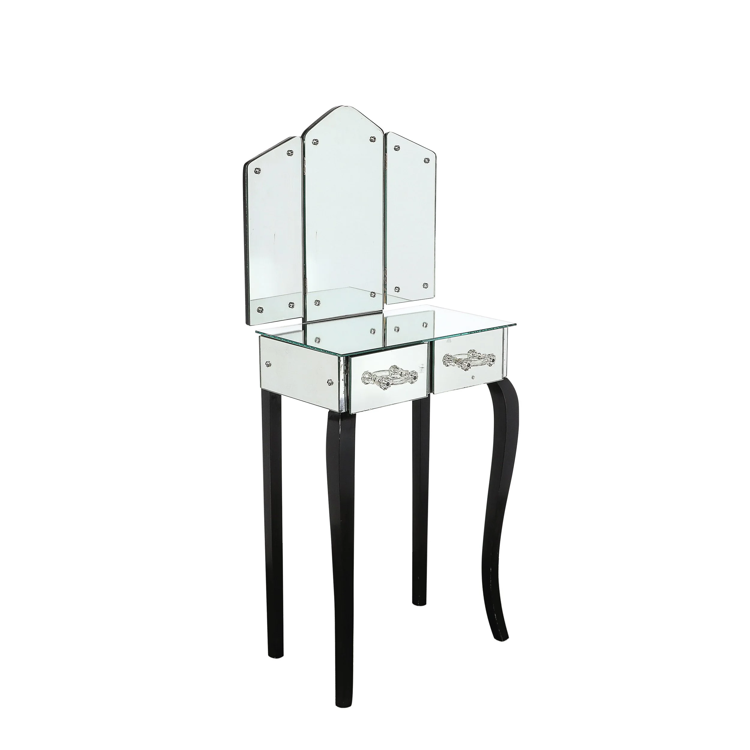 Art Deco Hollywood Mirrored Trifold Ebonized Cabriole Leg Vanity w/ Glass Pulls