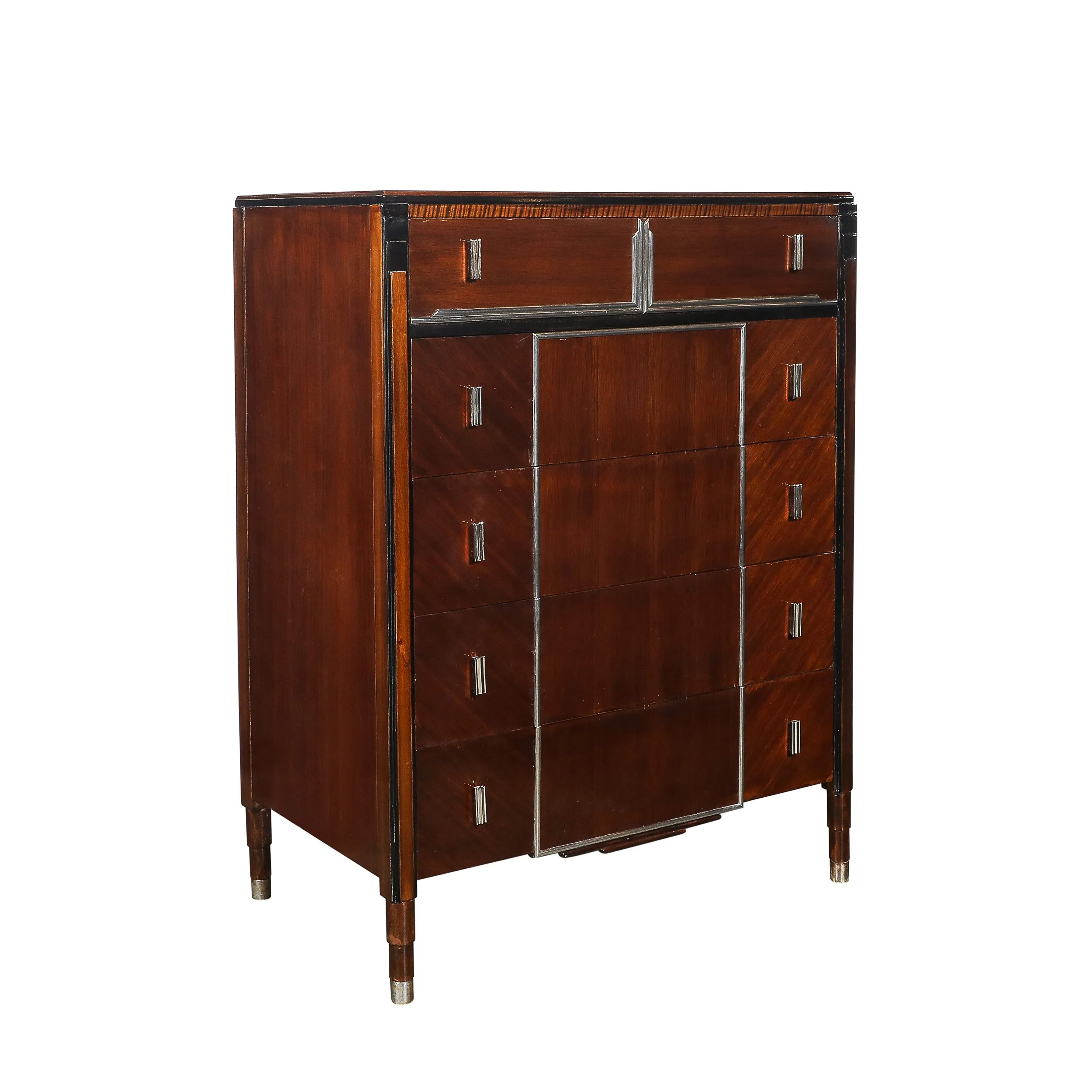 Art Deco Machine Age High Chest in Bookmatched Walnut, Black Lacquer & Chrome - High Style Deco.jpg