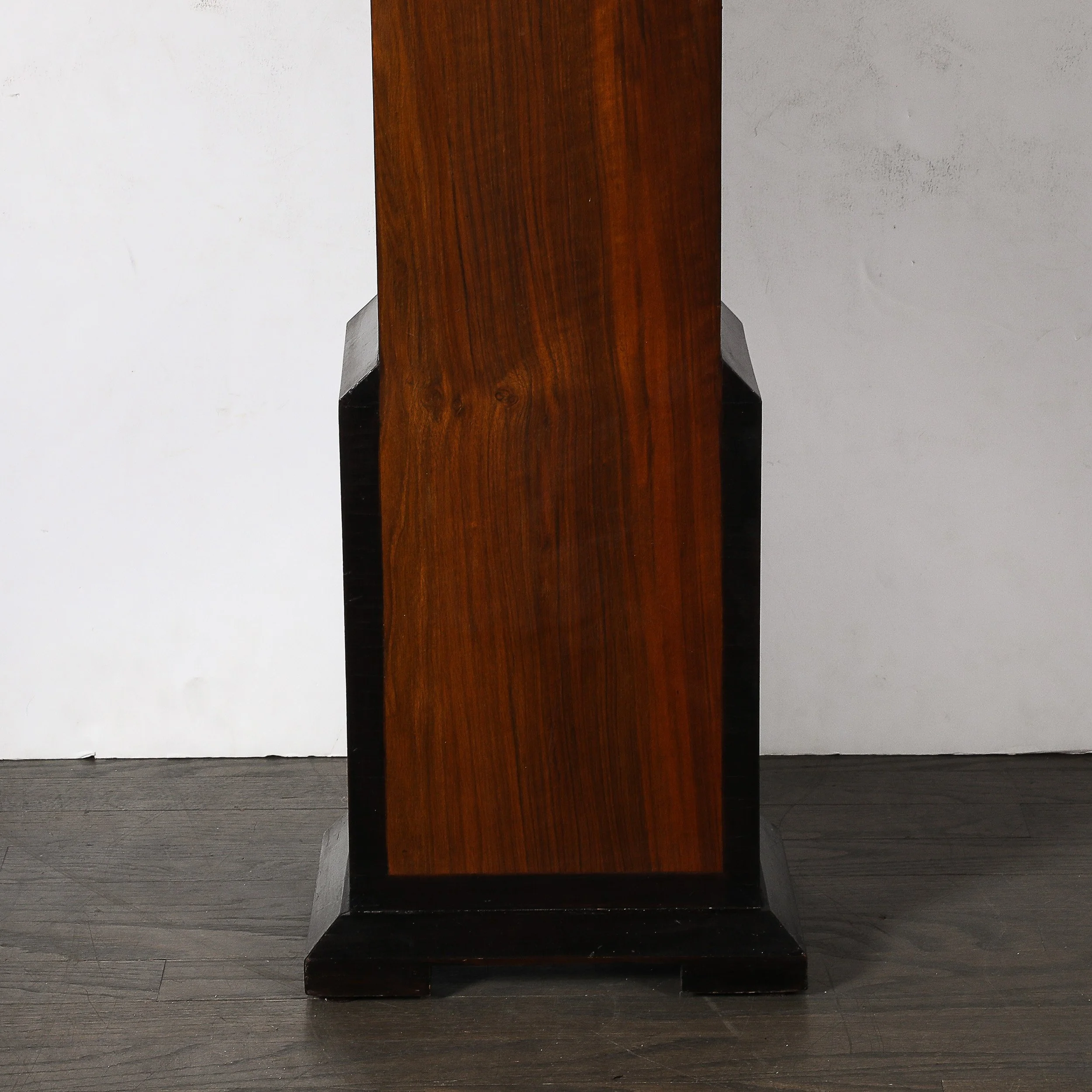 Art Deco Walnut Grandfather Clock w: Deco Numeral Dial and Black Lacquered Base - High Style Deco 2.jpg