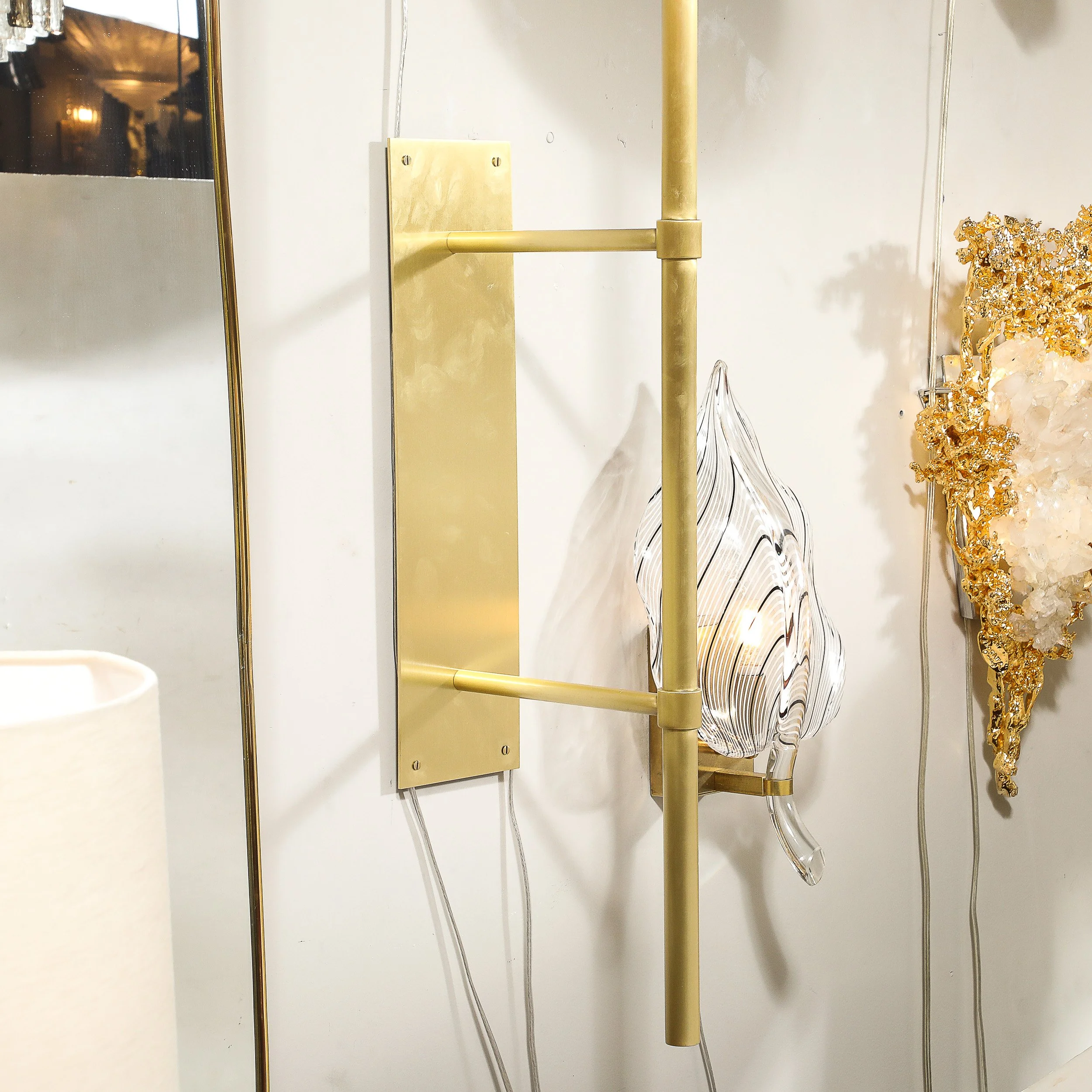 Modernist Hand-Blown Murano Glass Reverse Dome Form Brushed Brass Sconces - High Style Deco 20.jpg