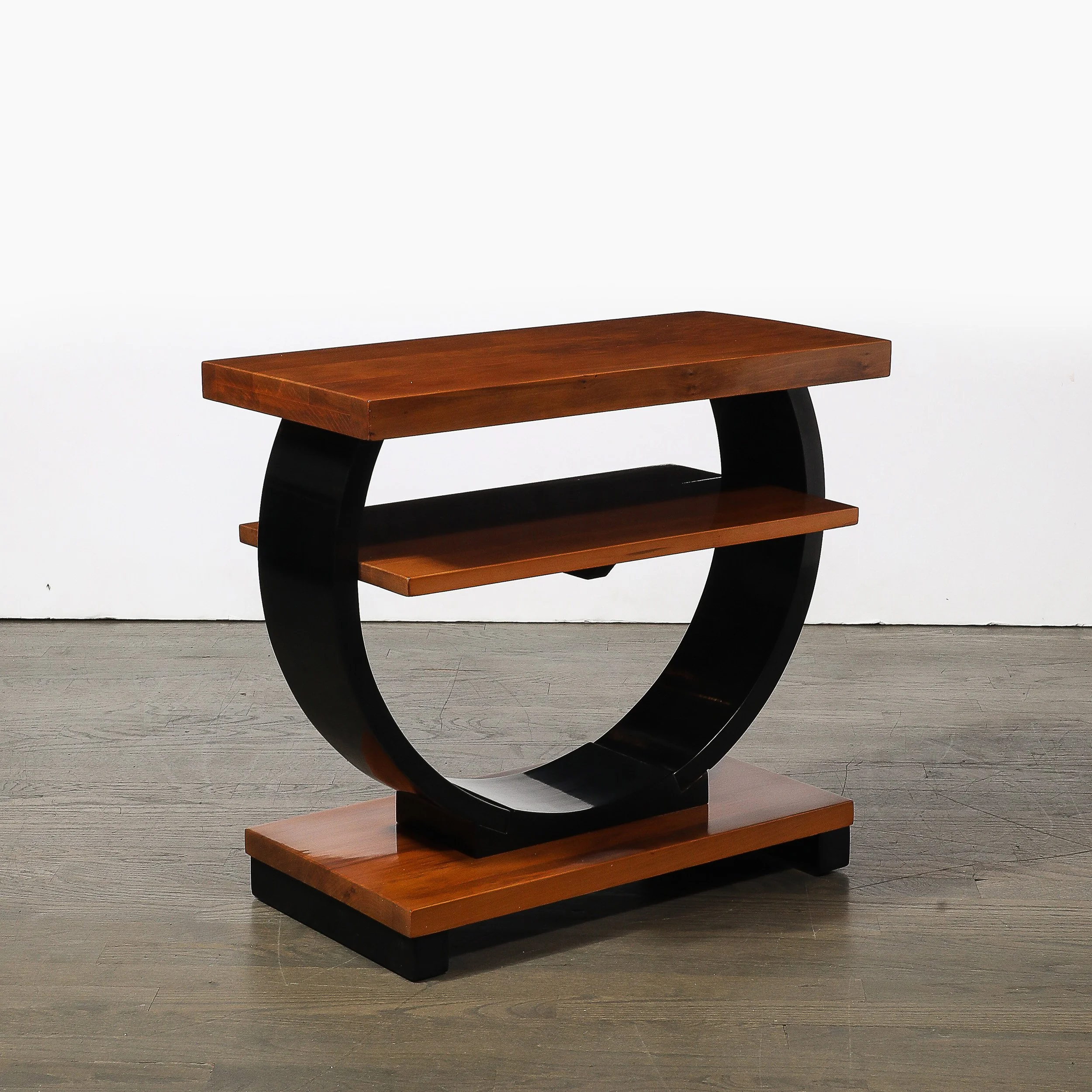 Pair of Art Deco Machine Age Two-Tier Side Tables in Walnut & Black Lacquer - High Style Deco 15.jpg