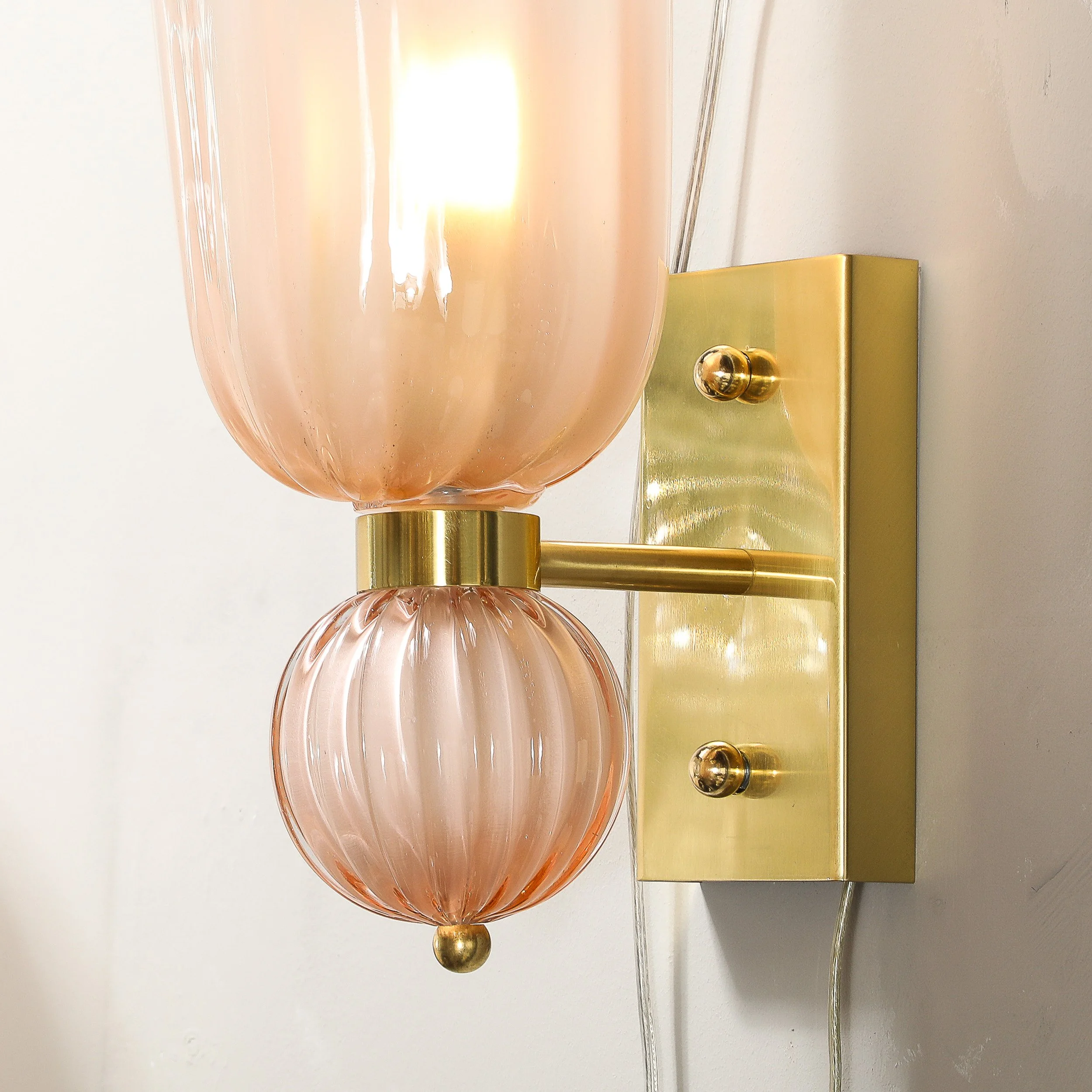 Modernist Hand-Blown Fluted Murano Glass Sconces w: Orbital Drop in Frosted Rose - High Style Deco 4.jpg
