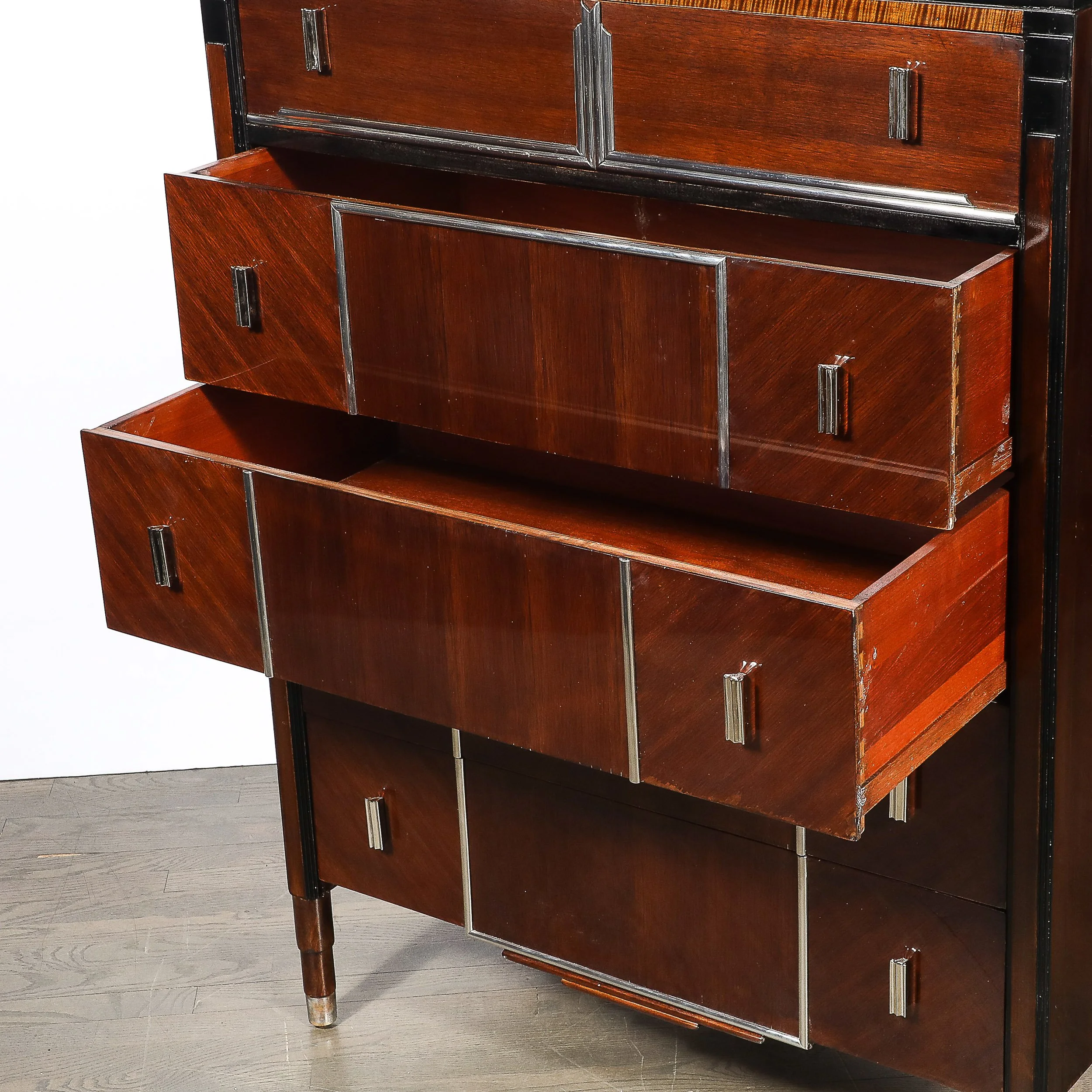 Art Deco Machine Age High Chest in Bookmatched Walnut, Black Lacquer & Chrome - High Style Deco 8.jpg