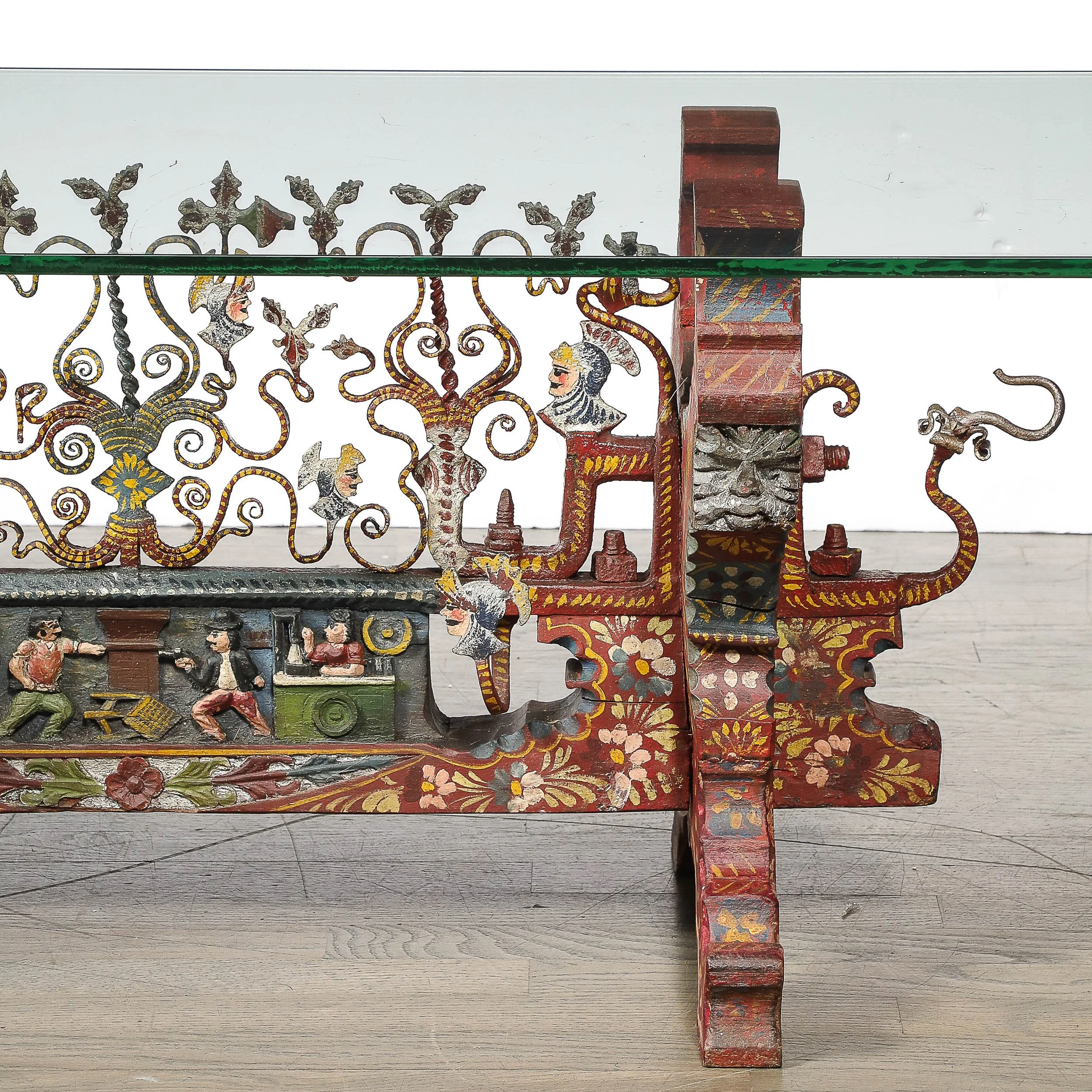 Arts and Crafts Sicilian Polychromed Wood & Iron Glass Top Donkey Cart Cocktail - High Style Deco 18.jpg
