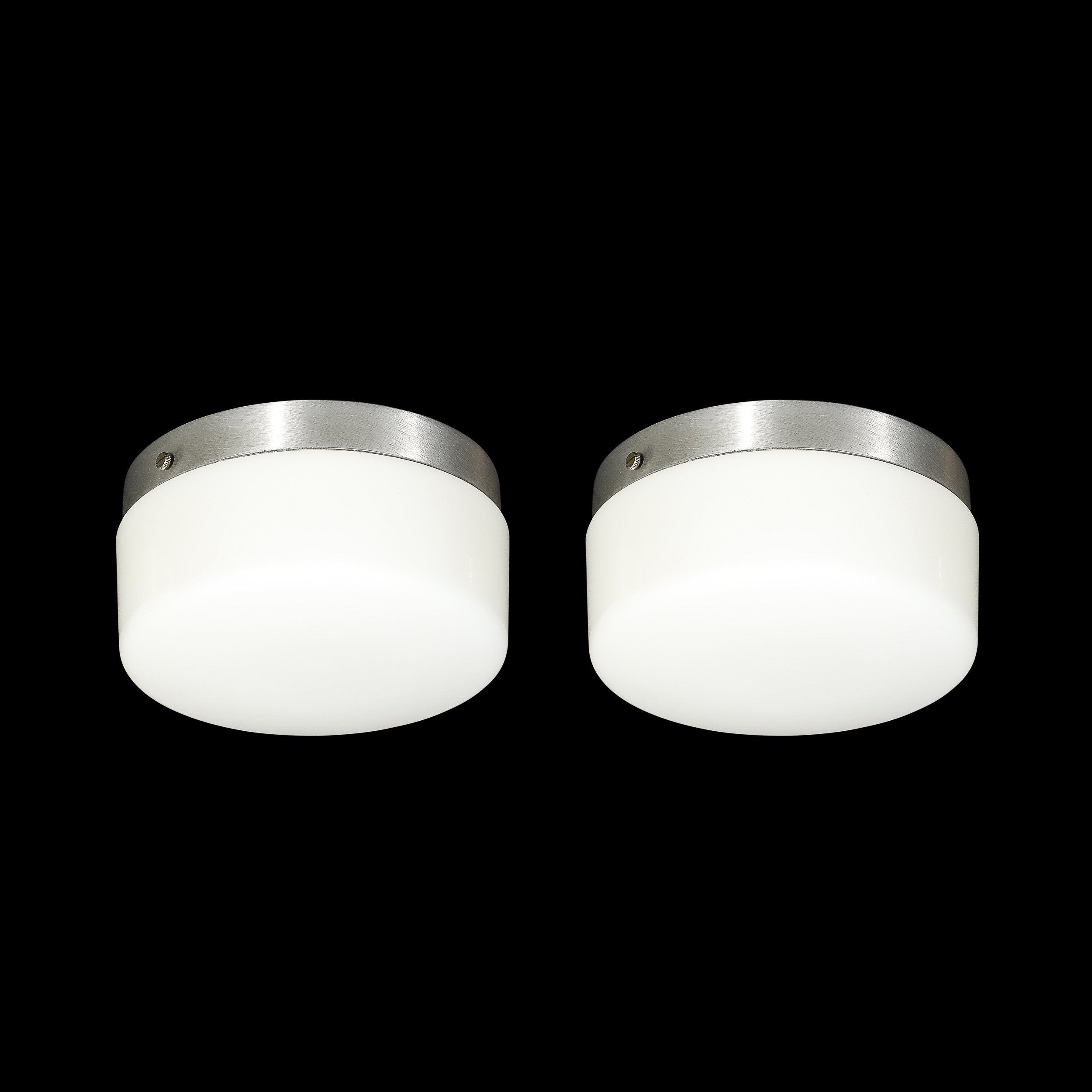 Pair of Mid-Century Cylindrical Milk Glass Flush Mounts w: Brushed Aluminum - High Style Deco 13.jpg