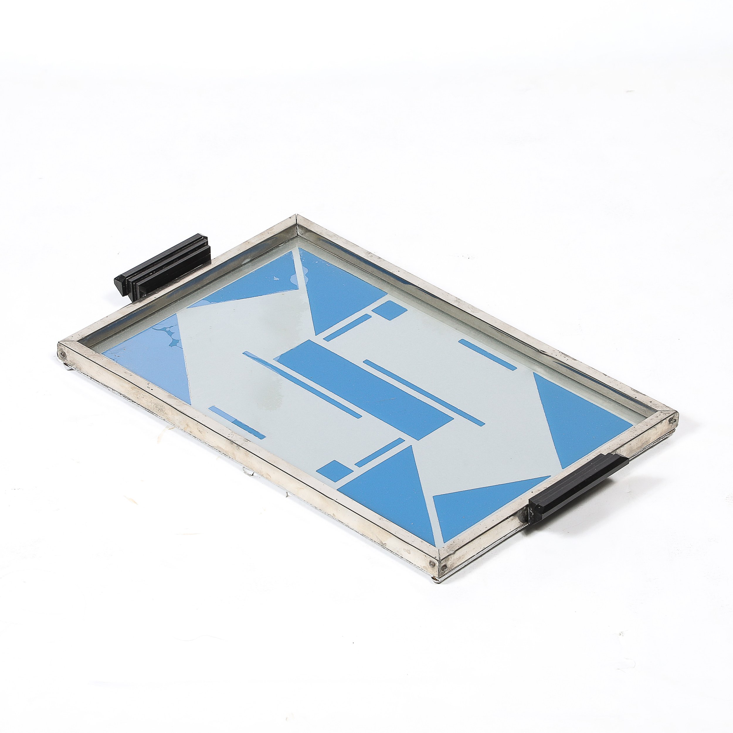 Art Deco Reverse Eglomise Blue & White Geometric Motif in Nickel & Bakelite Tray - High Style Deco 7.jpg