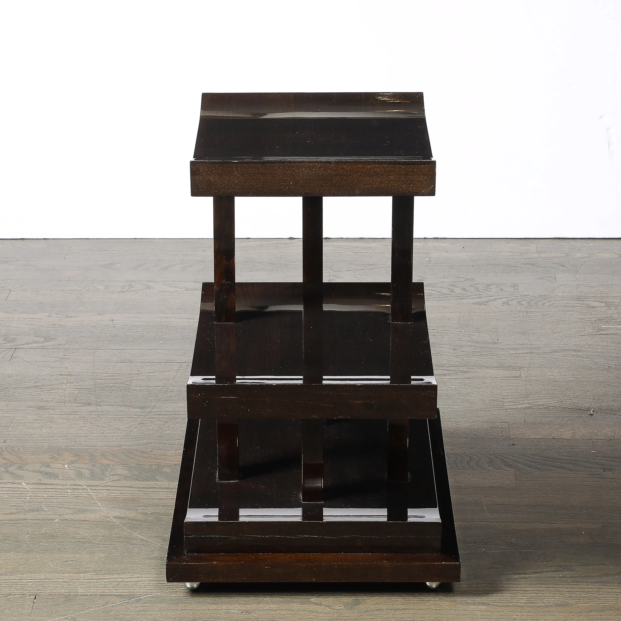 Art Deco Rectilinear Swooping Three Tier Walnut Offset Side Table w: Plinth Base - High Style Deco 4.jpg