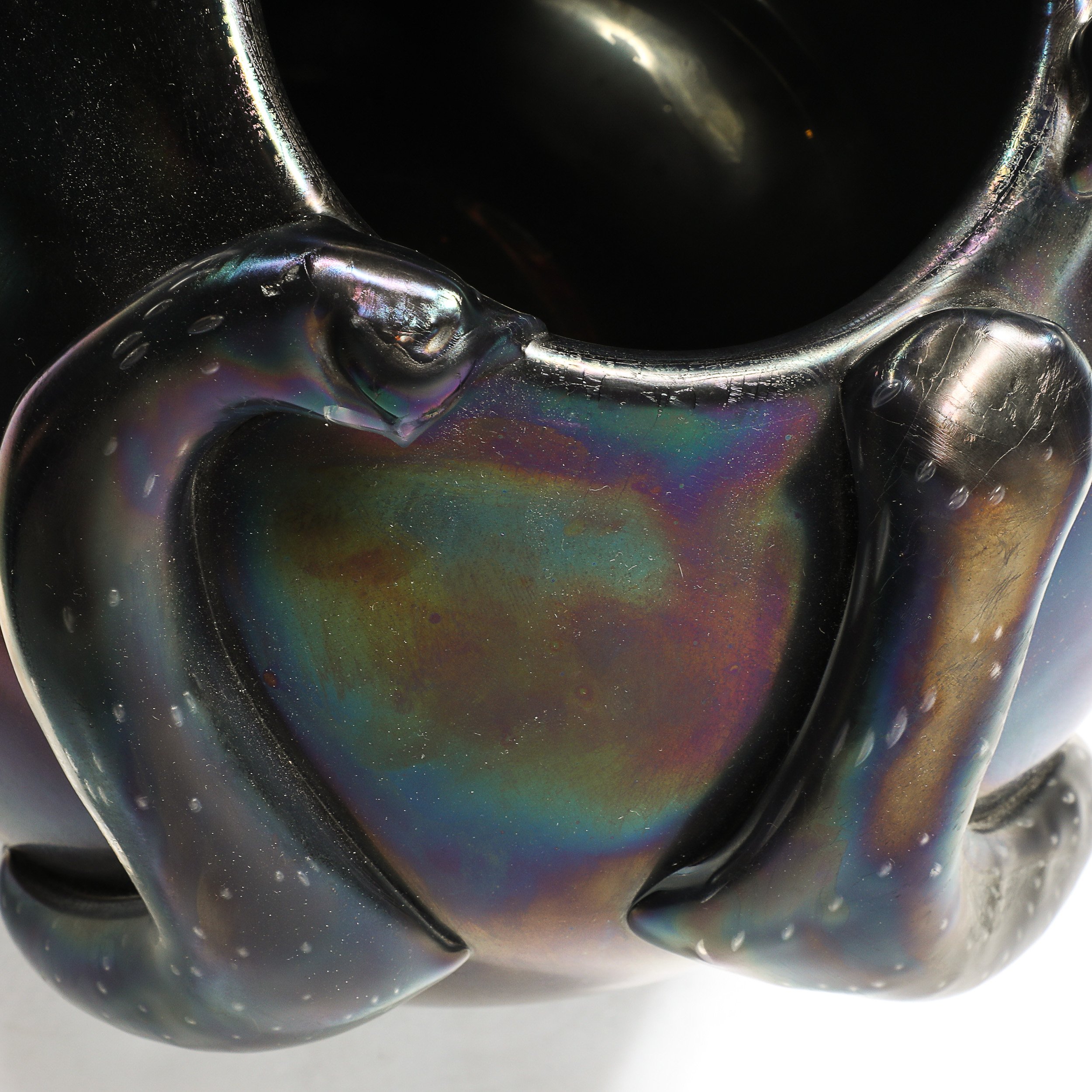 Mid-Century Hand-Blown Murano Iridescent & Black Glass Vase w: Sculptural Detail - High Style Deco 13.jpg