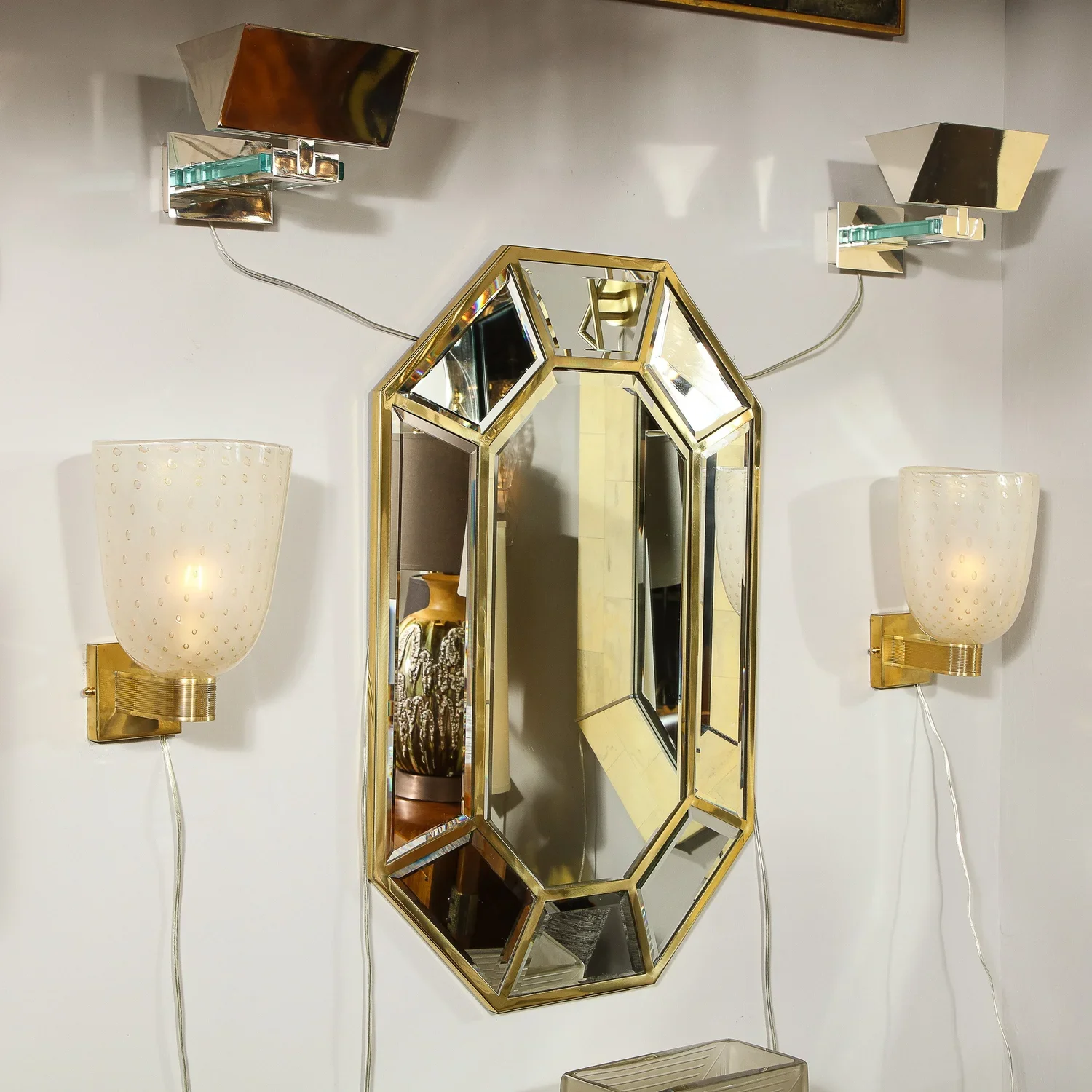 Modernist+Handblown+Murano+Glass+and+24kt+Gold+Sconces+with+Reeded+Brass+Arm+-+High+Style+Deco+8.webp