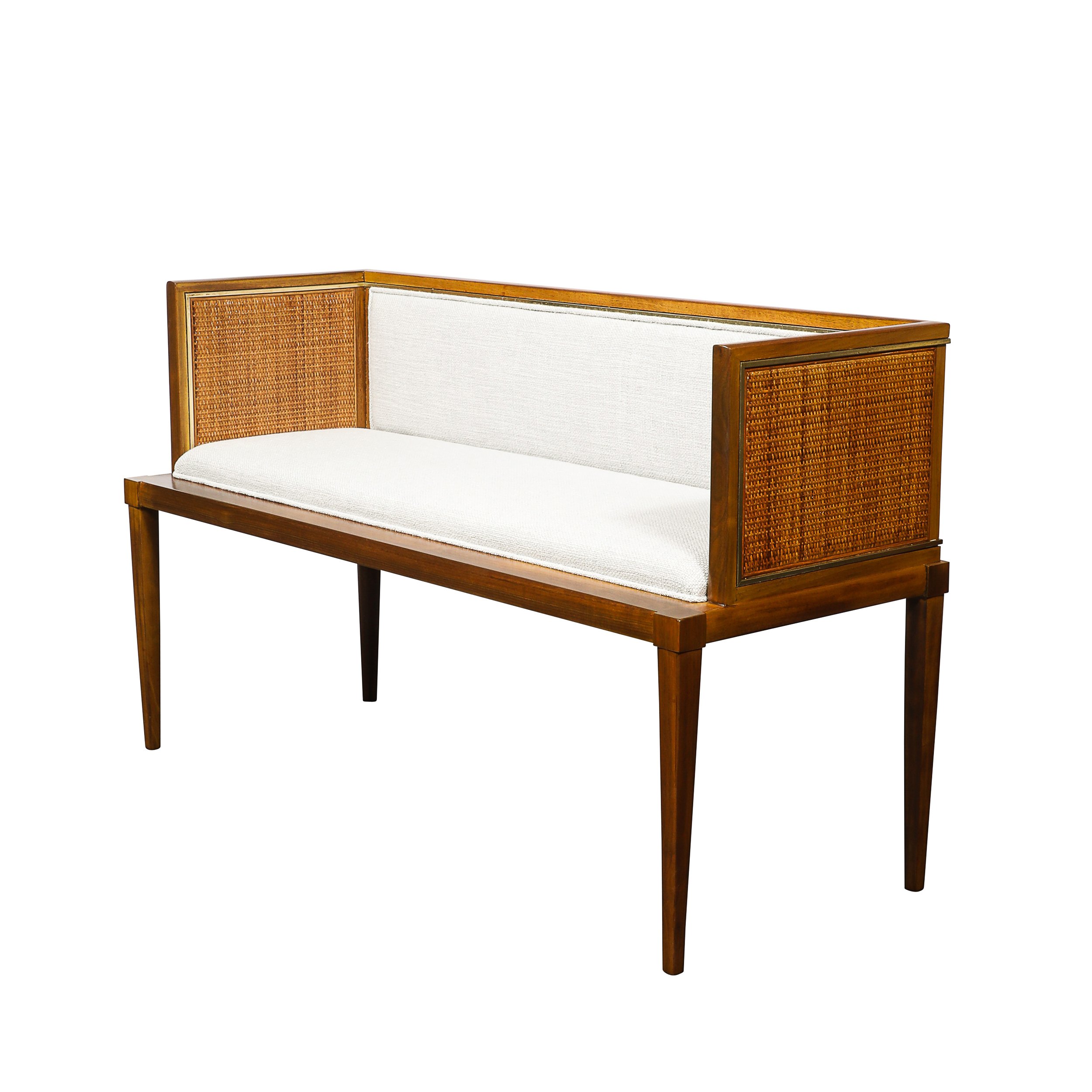 Mid-Century Brass Lined Walnut Settee w: Cane Detailing & Holly Hunt Upholstery - High Style Deco.jpg