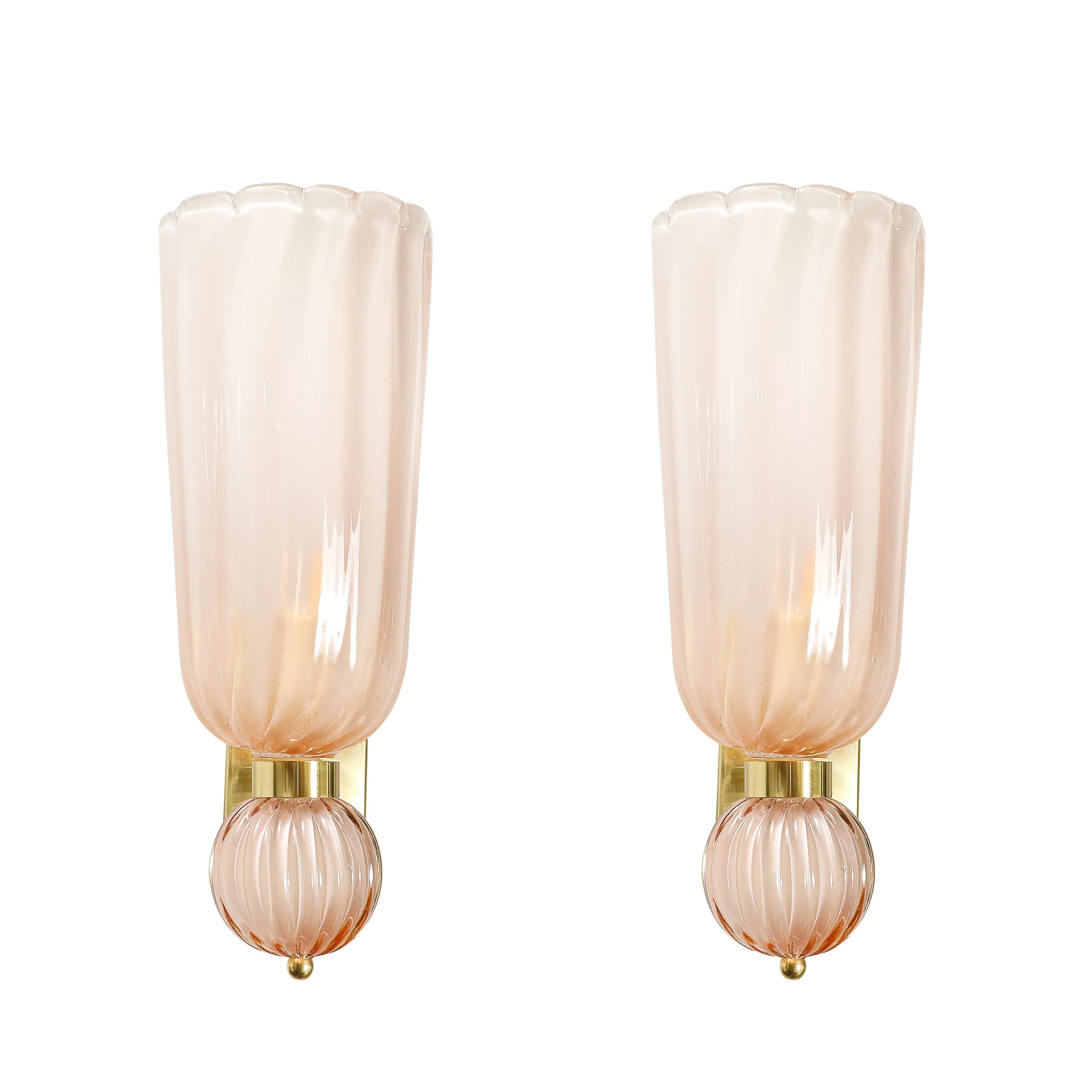 Modernist Hand-Blown Fluted Murano Glass Sconces w: Orbital Drop in Frosted Rose - High Style Deco 7.jpg