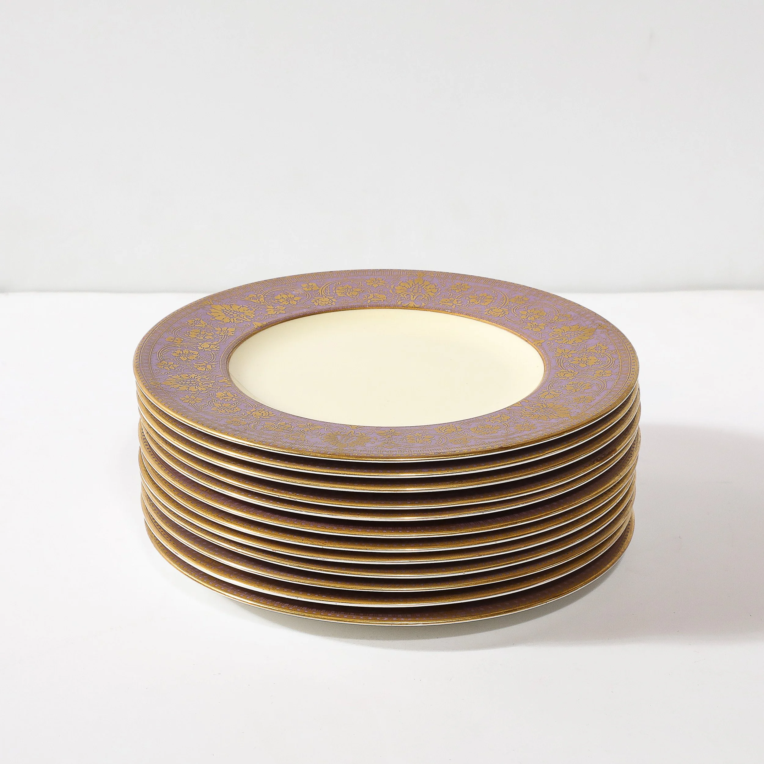 Set of 12 Smoked Lilac Border & Gilt Detail Porcelain Plates by Royal Worcester - High Style Deco 2.jpg