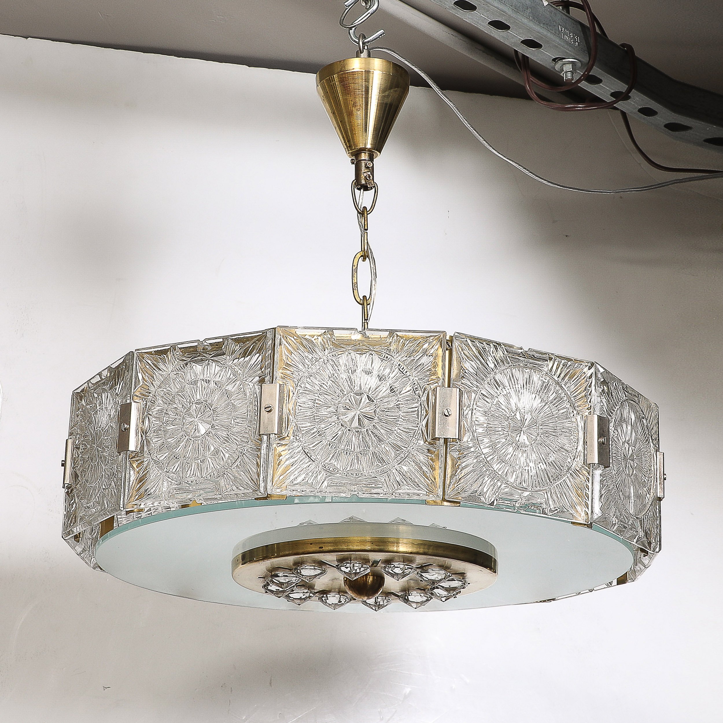 Mid-Century Modernist Pressed Glass Pendant Chandelier W: Frosted Diffuser - High Style Deco 8.jpg
