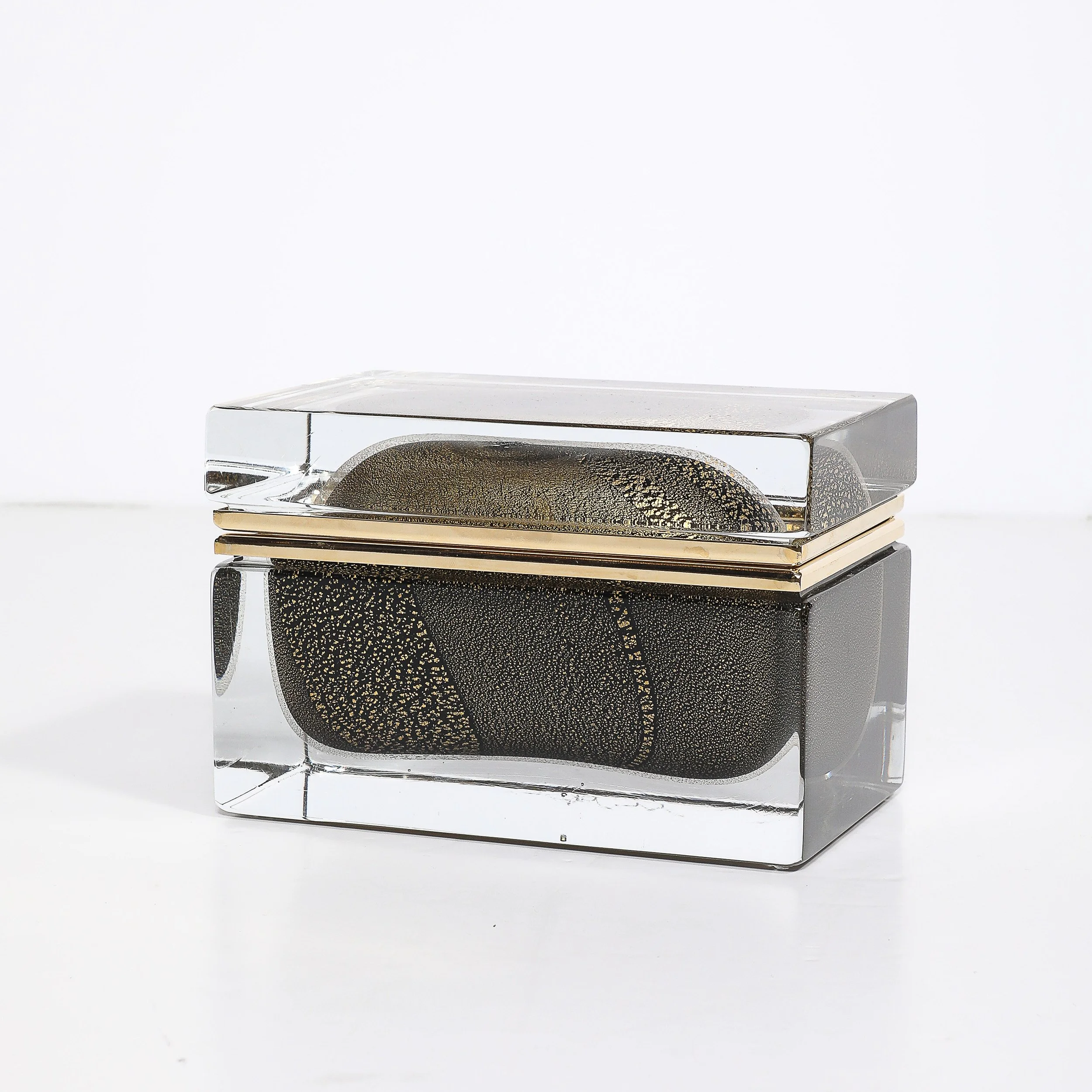 Modernist Hand-Blown Murano Glass Box in Black W: 24Karat Gold Flecks & Brass - High Style Deco 3.jpg