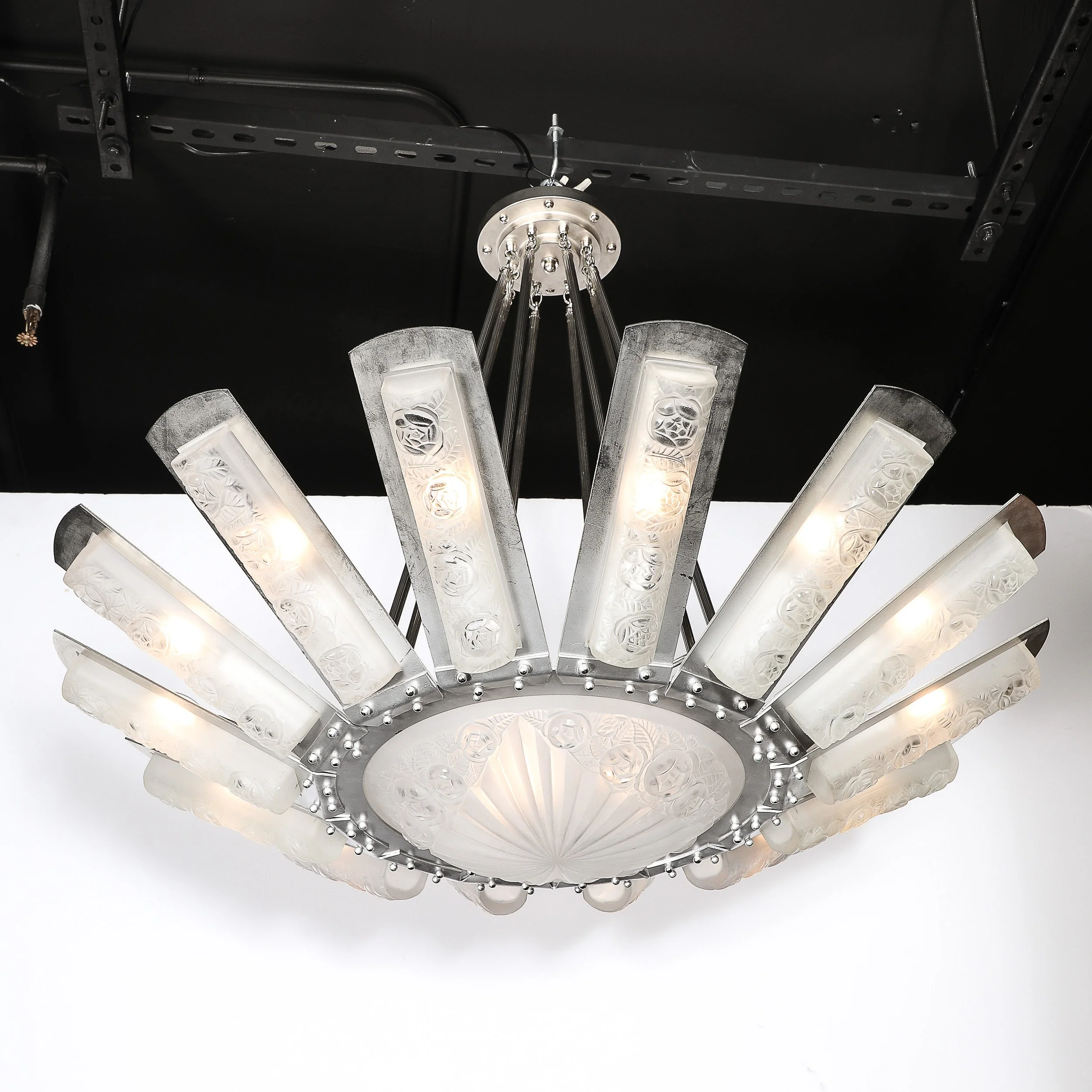 Art Deco Geometric Frosted Glass Starburst Pendant Chandelier signed Degué - High Style Deco 2.jpg