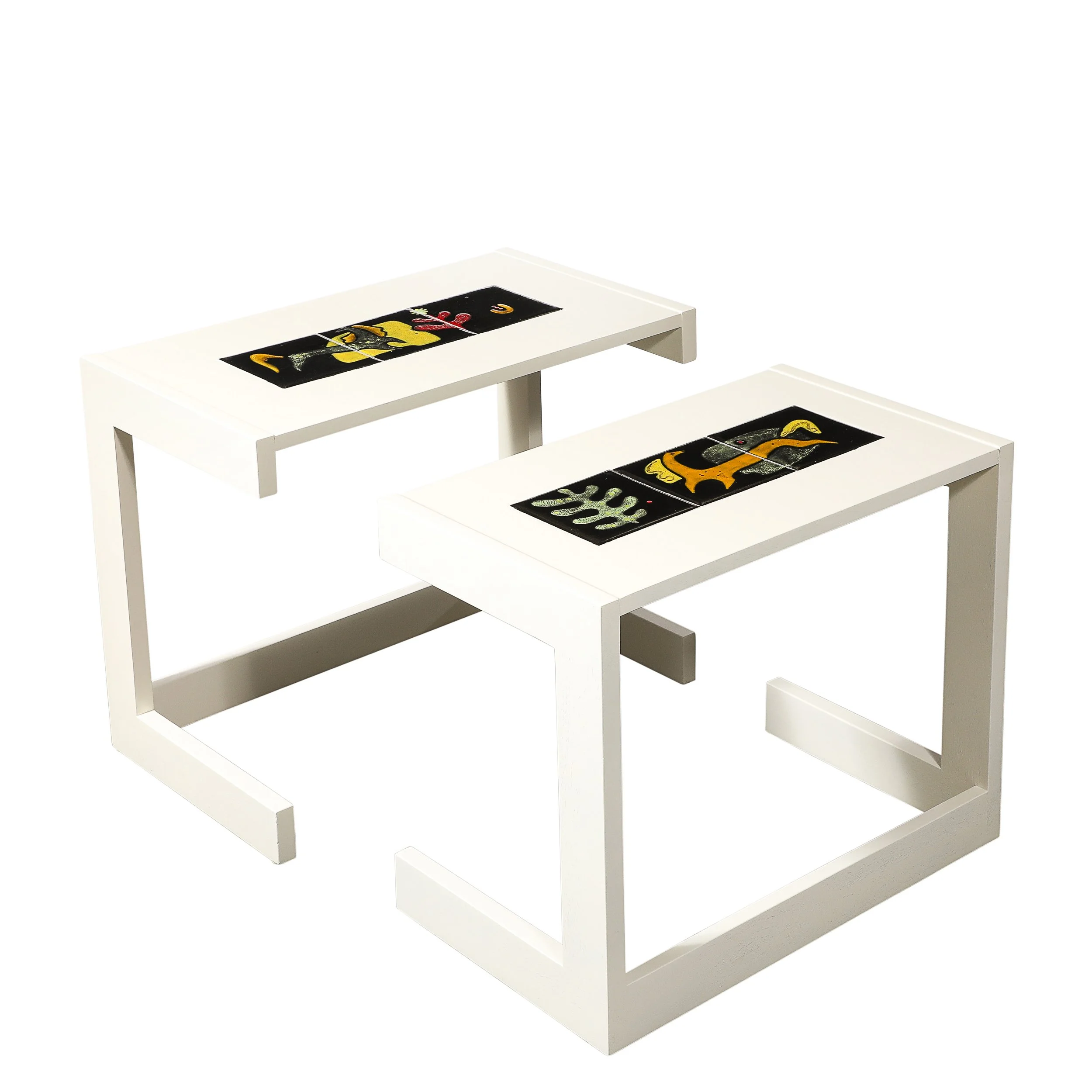 Pair of White Lacquer & Ceramic Tile Vladimir Kagan Rectilinear Oak Side Tables - High Style Deco.jpg