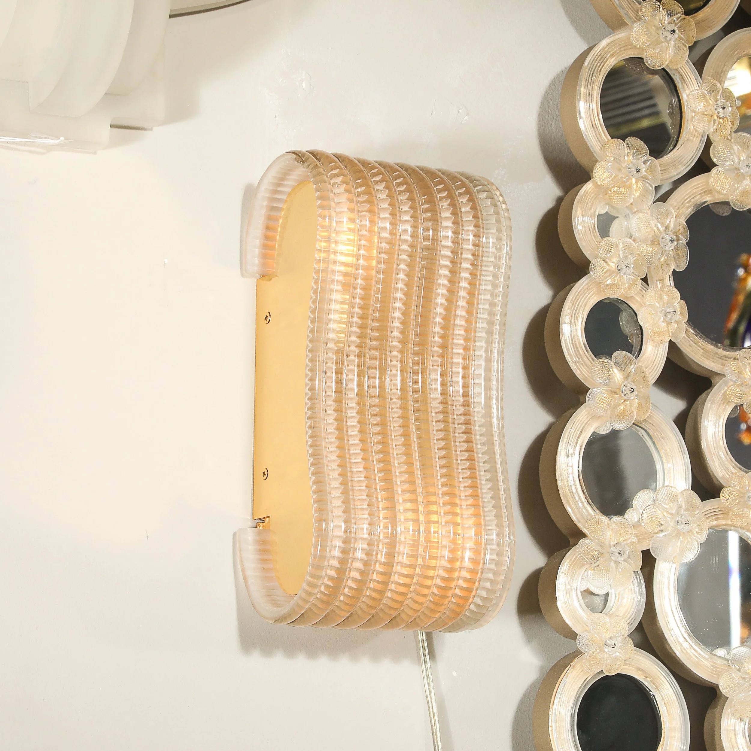 Pair of Hand-Blown Undulating Reeded Murano Glass Sconces with Brass Fittings - High Style Deco 3.jpg