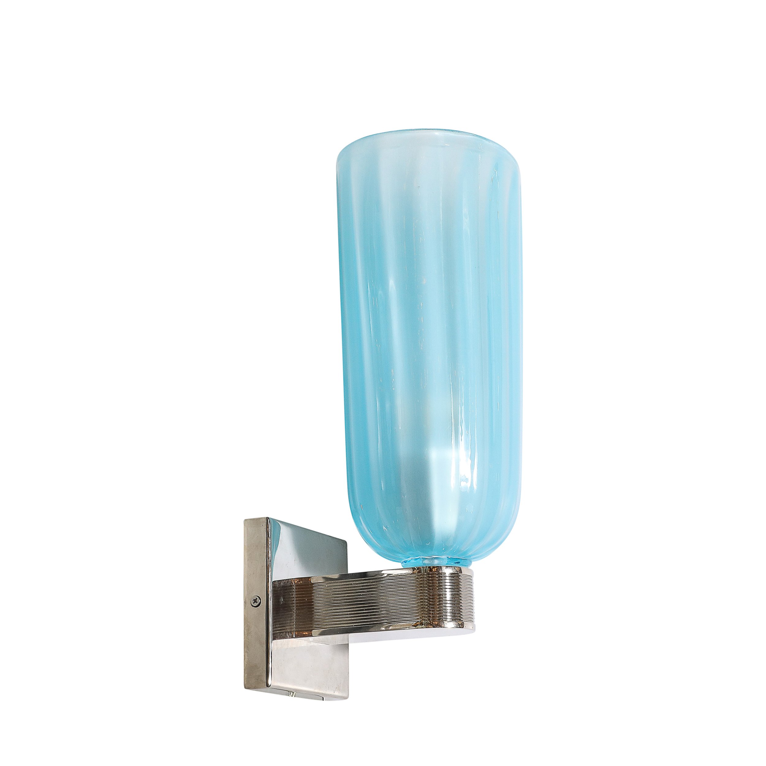 Pair of Modernist Hand-Blown Murano Arctic Blue Fluted Glass Sconces & Nickel - High Style Deco 11.jpg