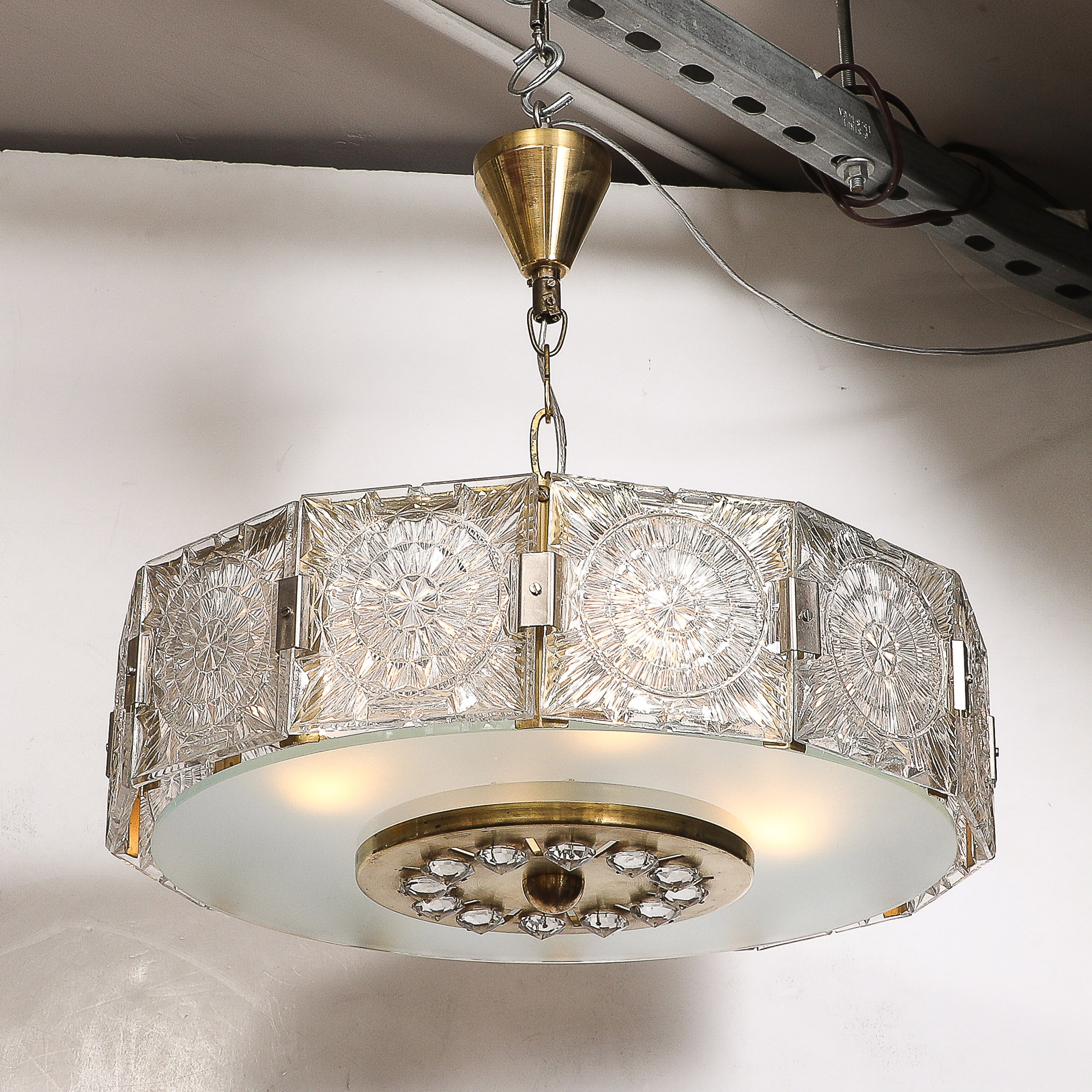 Mid-Century Modernist Pressed Glass Pendant Chandelier W: Frosted Diffuser - High Style Deco 11.jpg