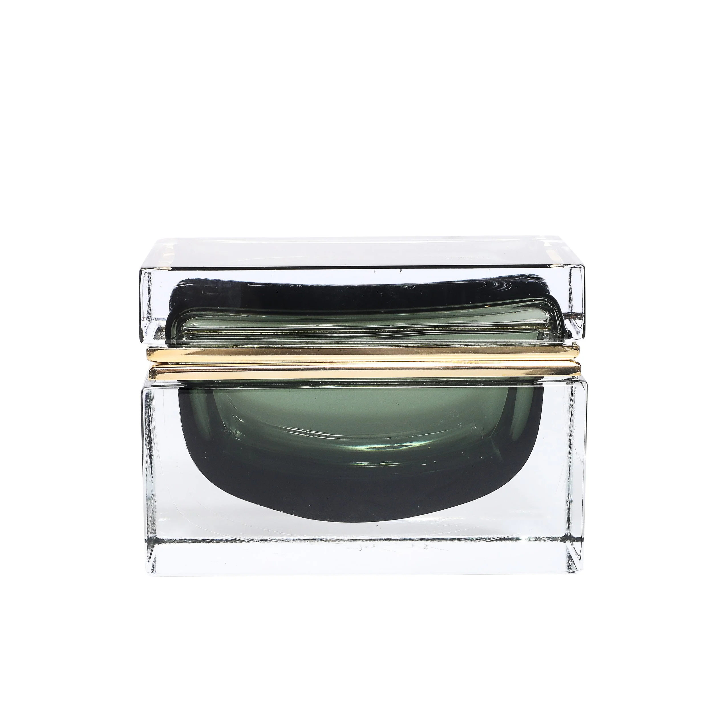 Modernist Handblown Murano Glass Box in Forrest Green w: Polished Brass Fittings - High Style Deco.jpg