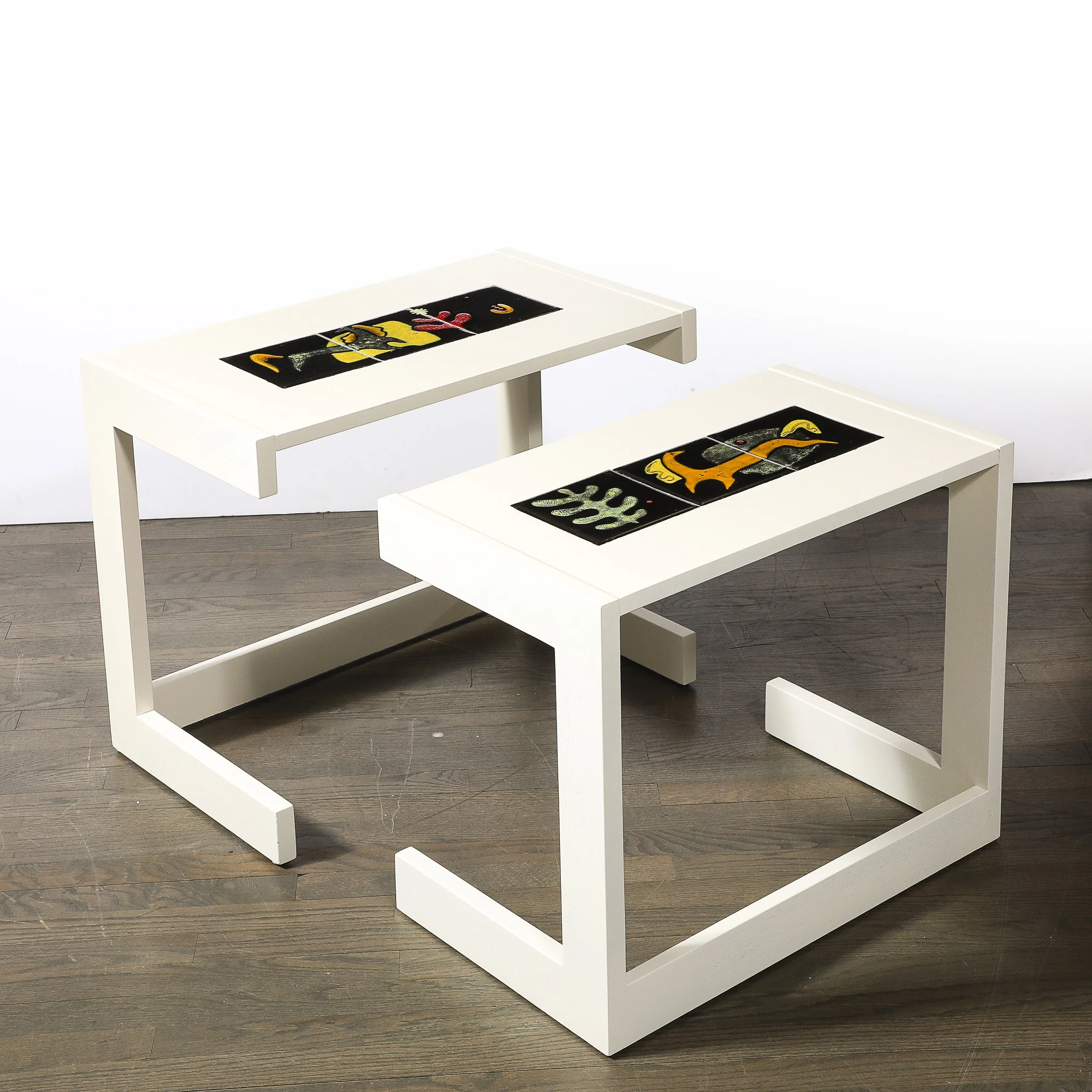 Pair of White Lacquer & Ceramic Tile Vladimir Kagan Rectilinear Oak Side Tables - High Style Deco 18.jpg