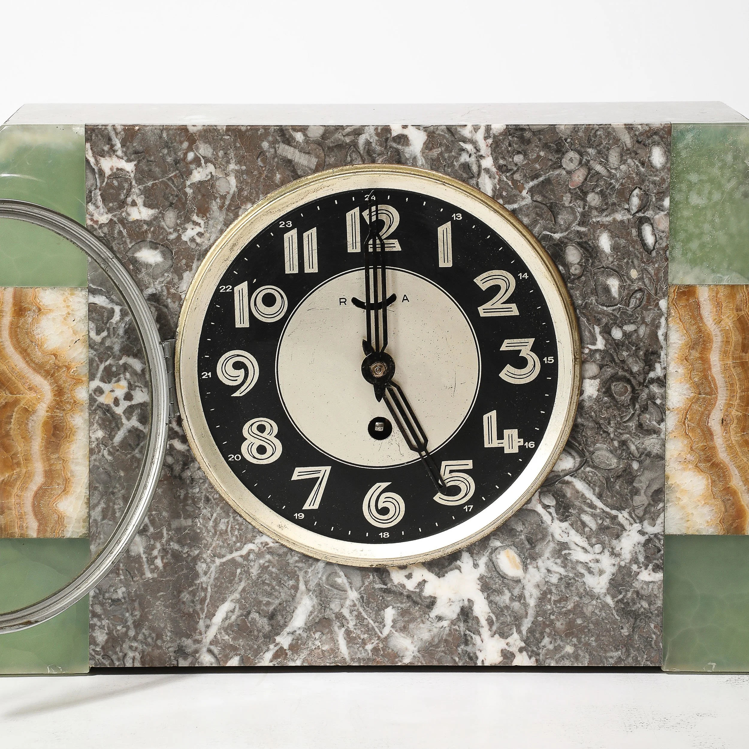 Art Deco Exotic Marble & Onyx Mantlepiece Clock w: Stylized Arabic Numeral Dial - High Style Deco 9.jpg