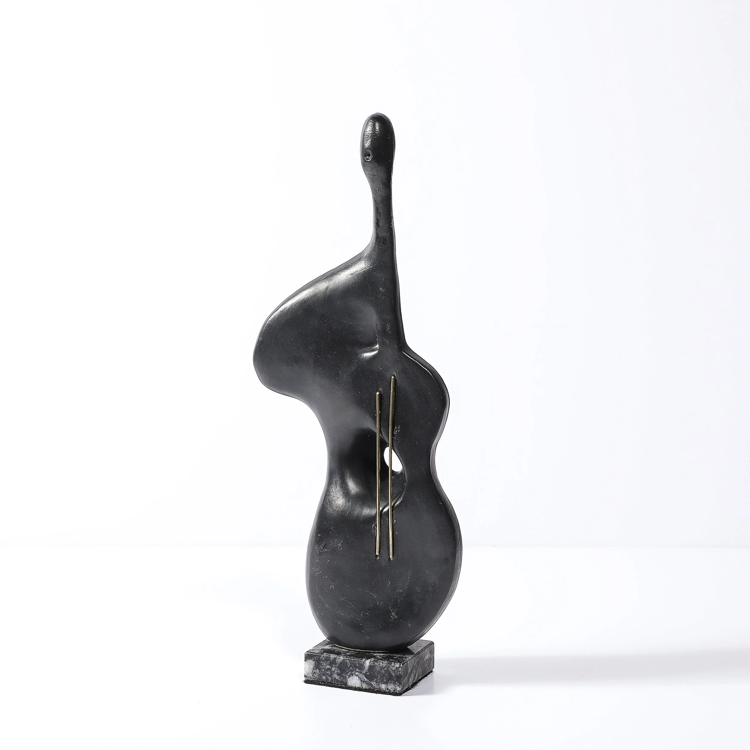 Mid-Century Abstracted Guitar Sculpture in Black Enamel & Bronze on Marble Base - High Style Deco 9.jpg
