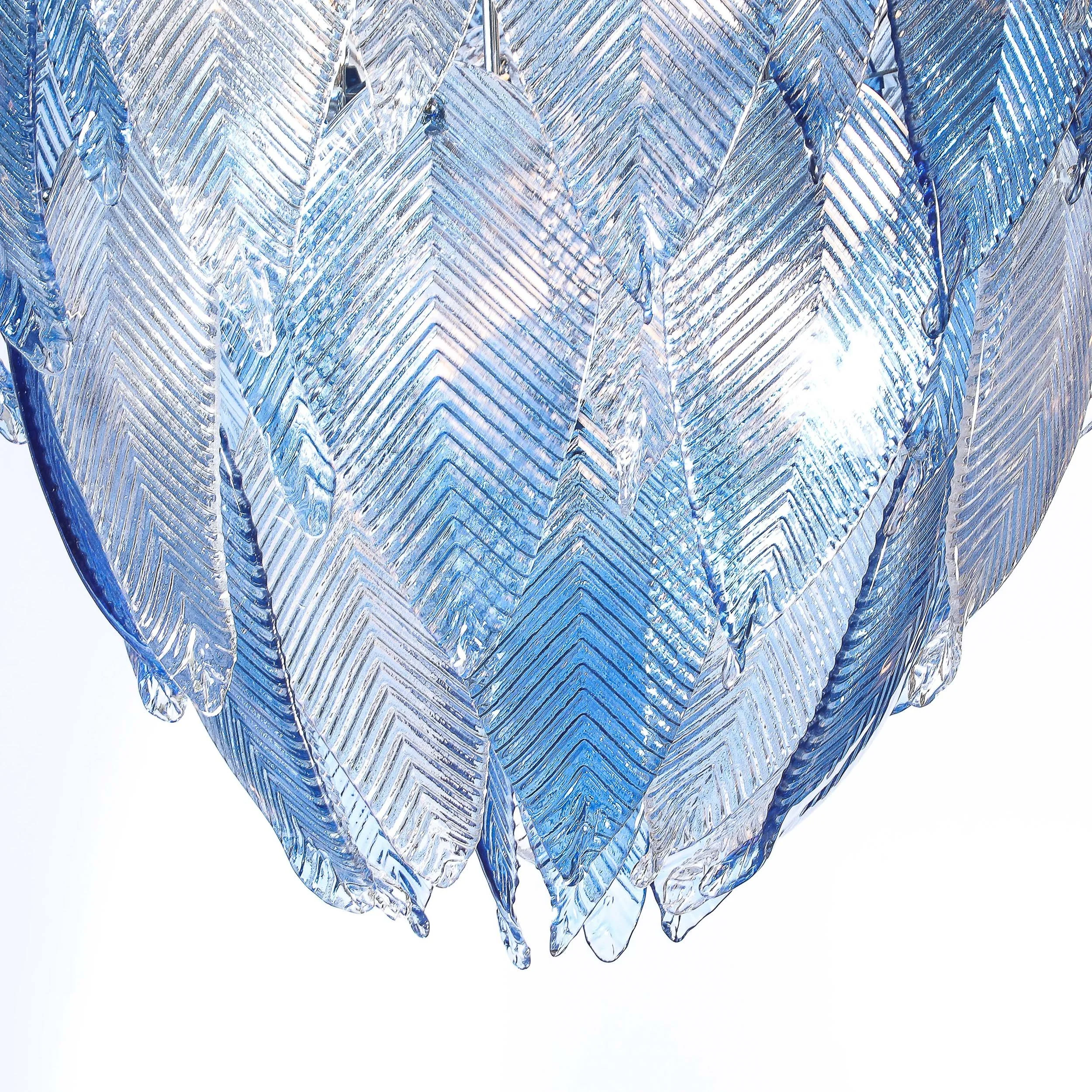 Modernist Hand-Blown Reeded Blue & Clear Murano Glass Leaf Chandelier w: Chrome - High Style Deco 6.jpg