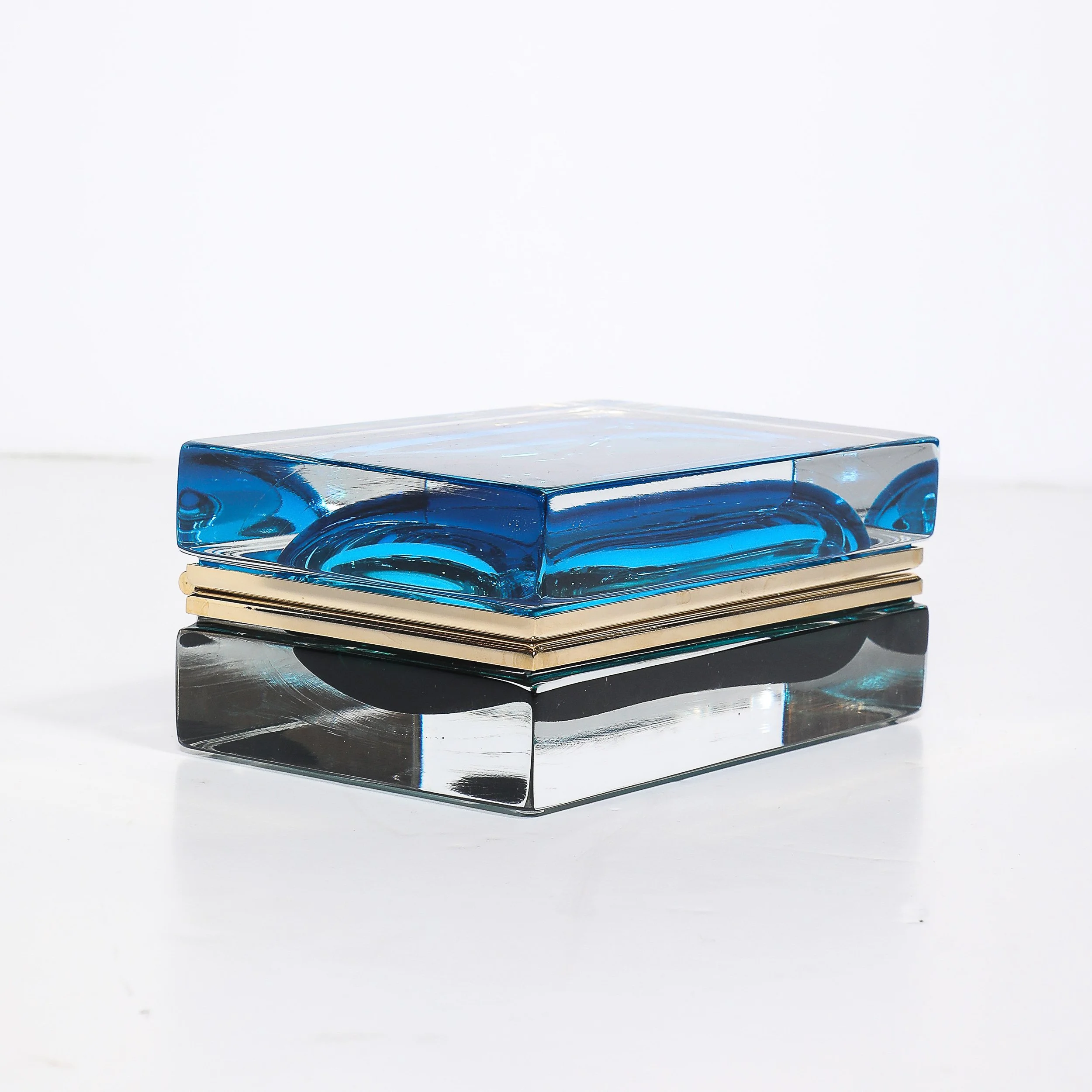 Modernist Hand-Blown Murano Glass Box in Ultramarine & Phthalo w: Polished Brass - High Style Deco 3.jpg