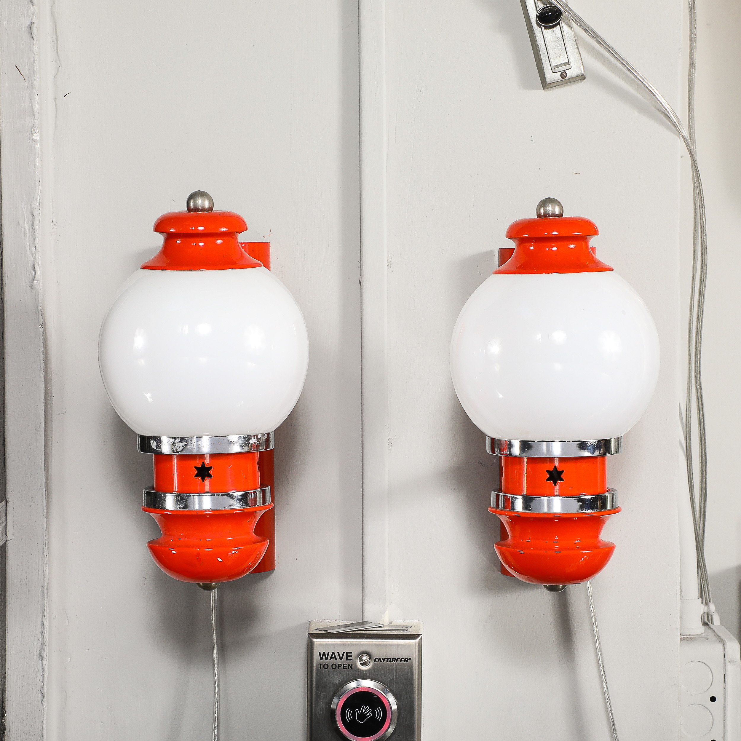 Art Deco Chrome & Frosted Glass Vermillion Enamel Sconces w: Hexagram Cut Out - High Style Deco 9.jpg