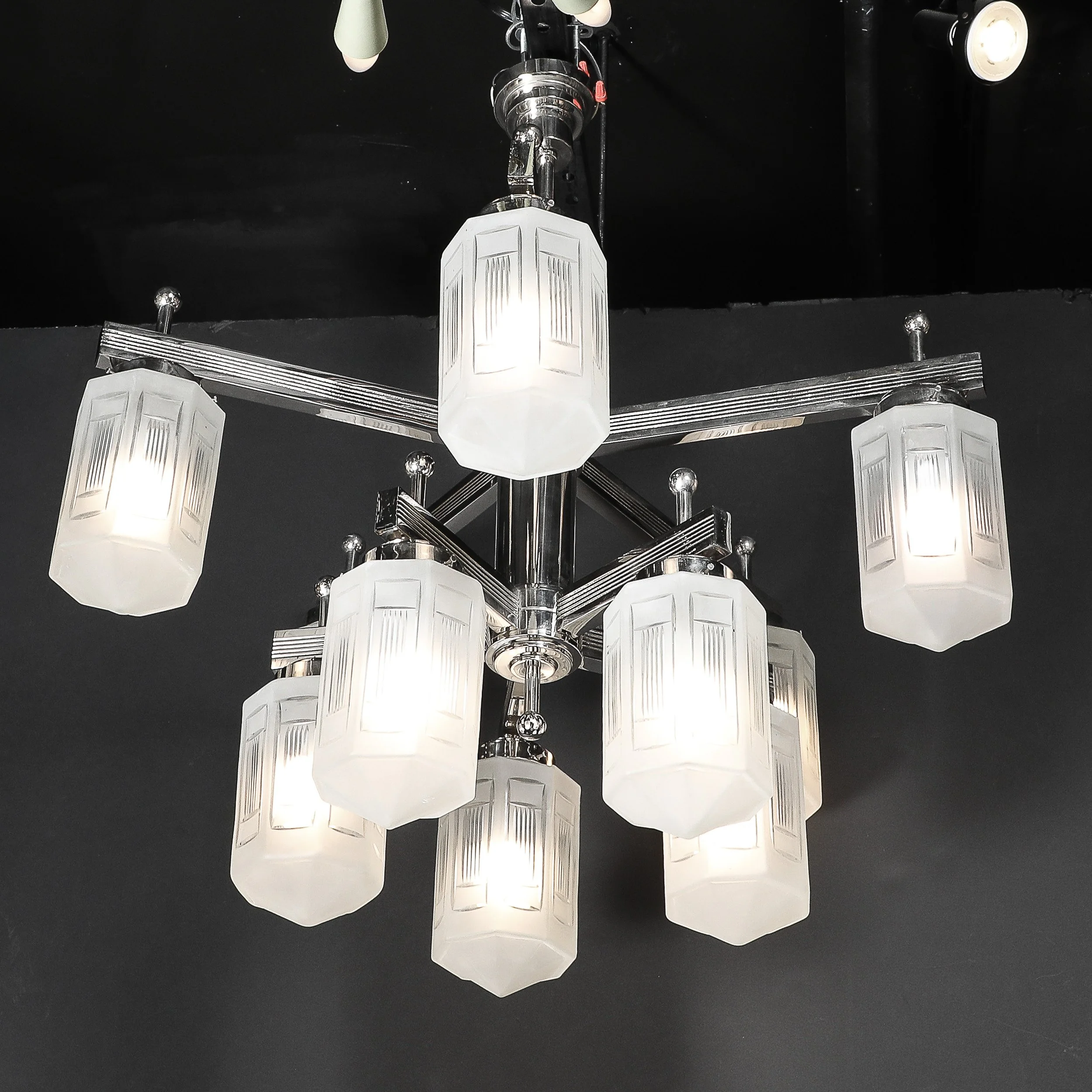 Art Deco Style 10 Arm Frosted & Etched Glass Chandelier w: Polished Nickel Frame - High Style Deco 14.jpg