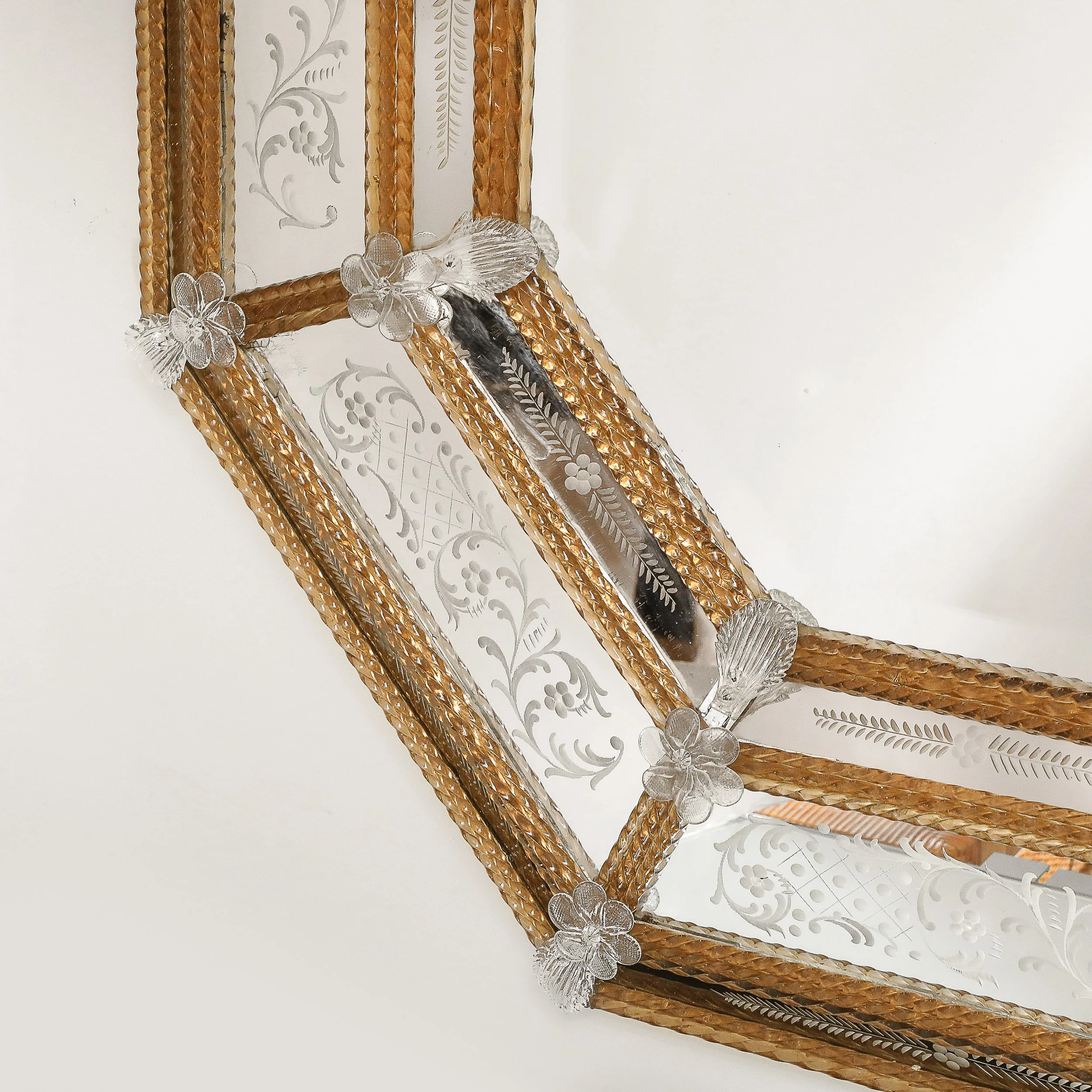 Mid-Century Octagonal Amber Glass & Transparent Floret Venetian Glass Mirror - High Style Deco 5.jpg