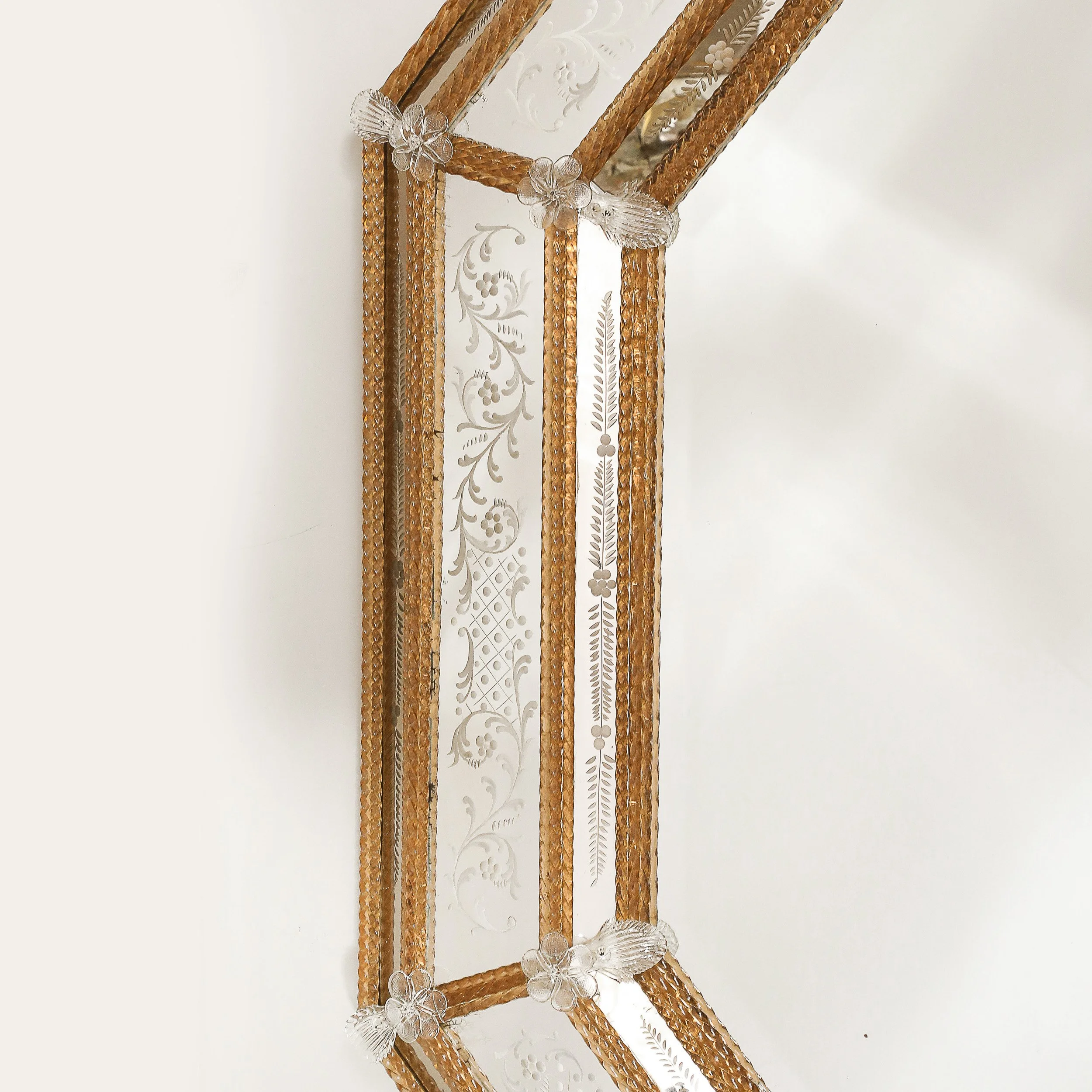 Mid-Century Octagonal Amber Glass & Transparent Floret Venetian Glass Mirror - High Style Deco 6.jpg