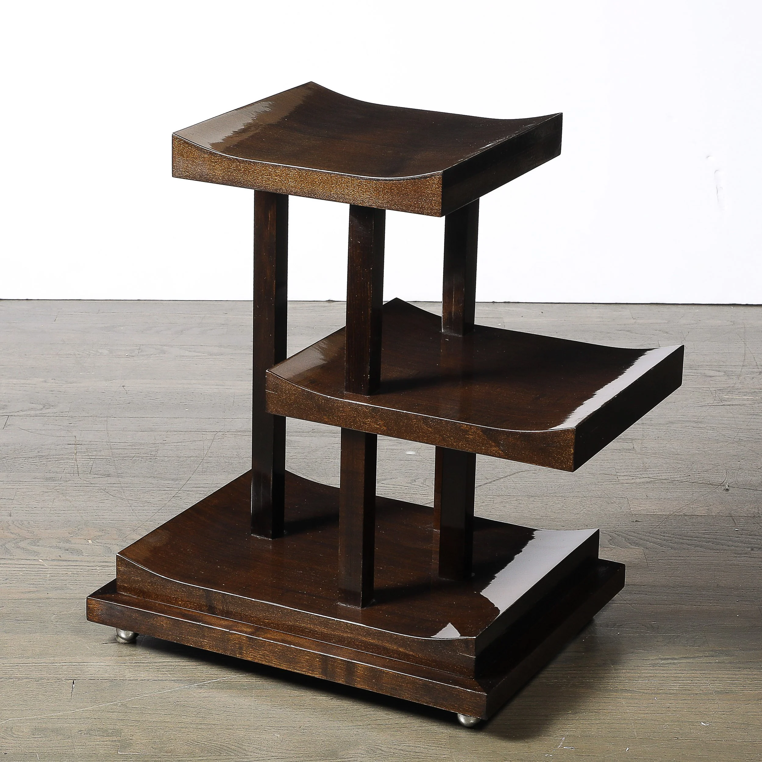 Art Deco Rectilinear Swooping Three Tier Walnut Offset Side Table w: Plinth Base - High Style Deco 3.jpg