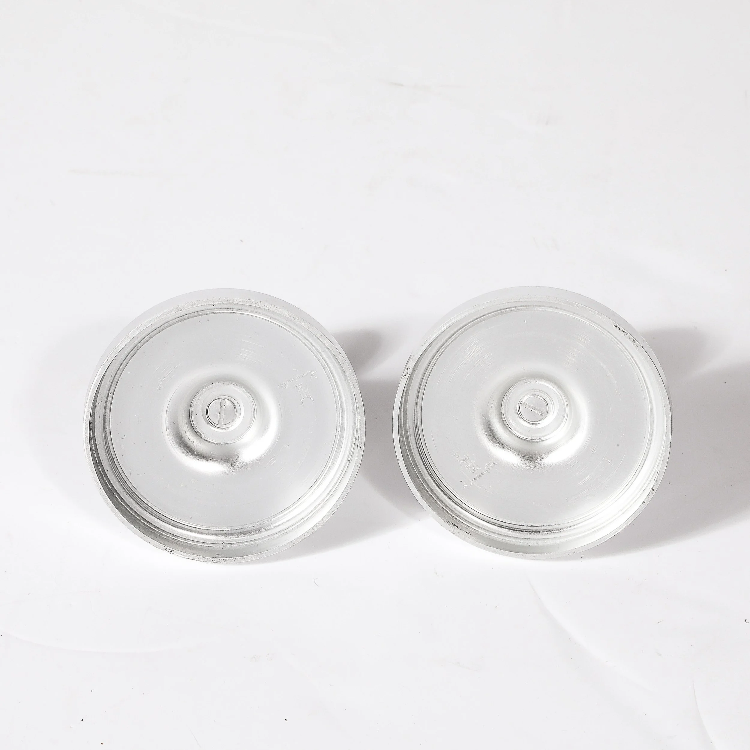 Pair of Art Deco Candle Holders in Brushed Aluminum & Glass signed Kensington - High Style Deco 9.jpg