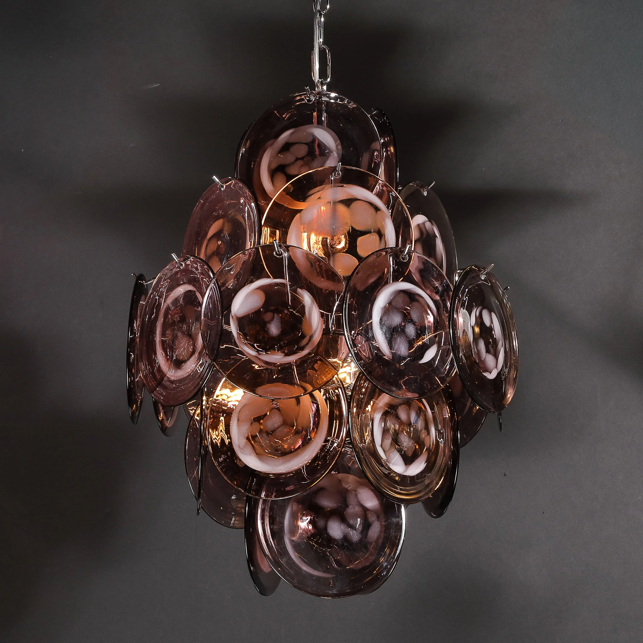Modernist Hand-Blown Smoked Mauve Spotted Murano Glass Five-Tier Disc Chandelier - High Style Deco 14.jpg