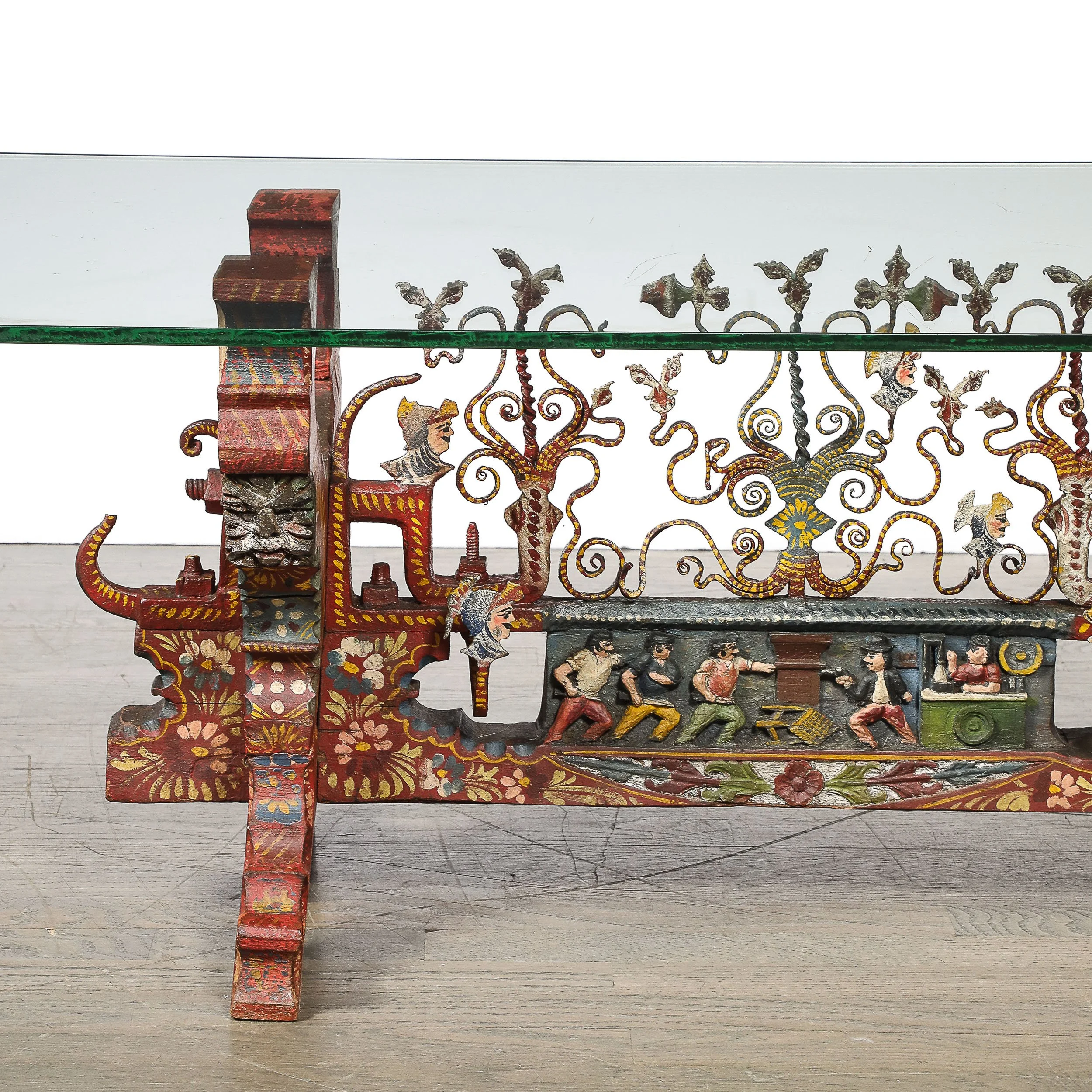 Arts and Crafts Sicilian Polychromed Wood & Iron Glass Top Donkey Cart Cocktail - High Style Deco 17.jpg