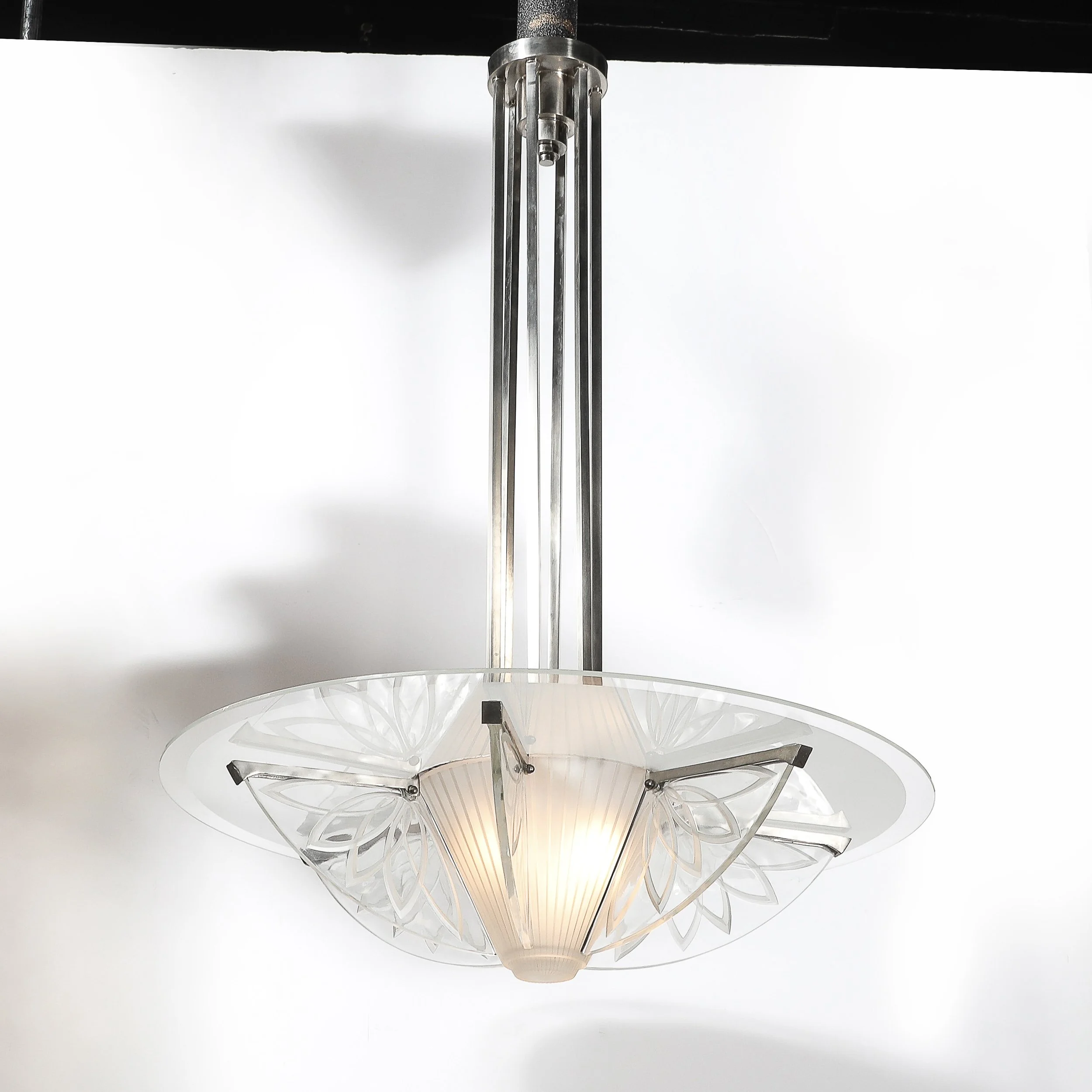 Art Deco Machine Age Frosted, Etched Glass & Nickel Chandelier by Pierre D'Avsen - High Style Deco 9.jpg