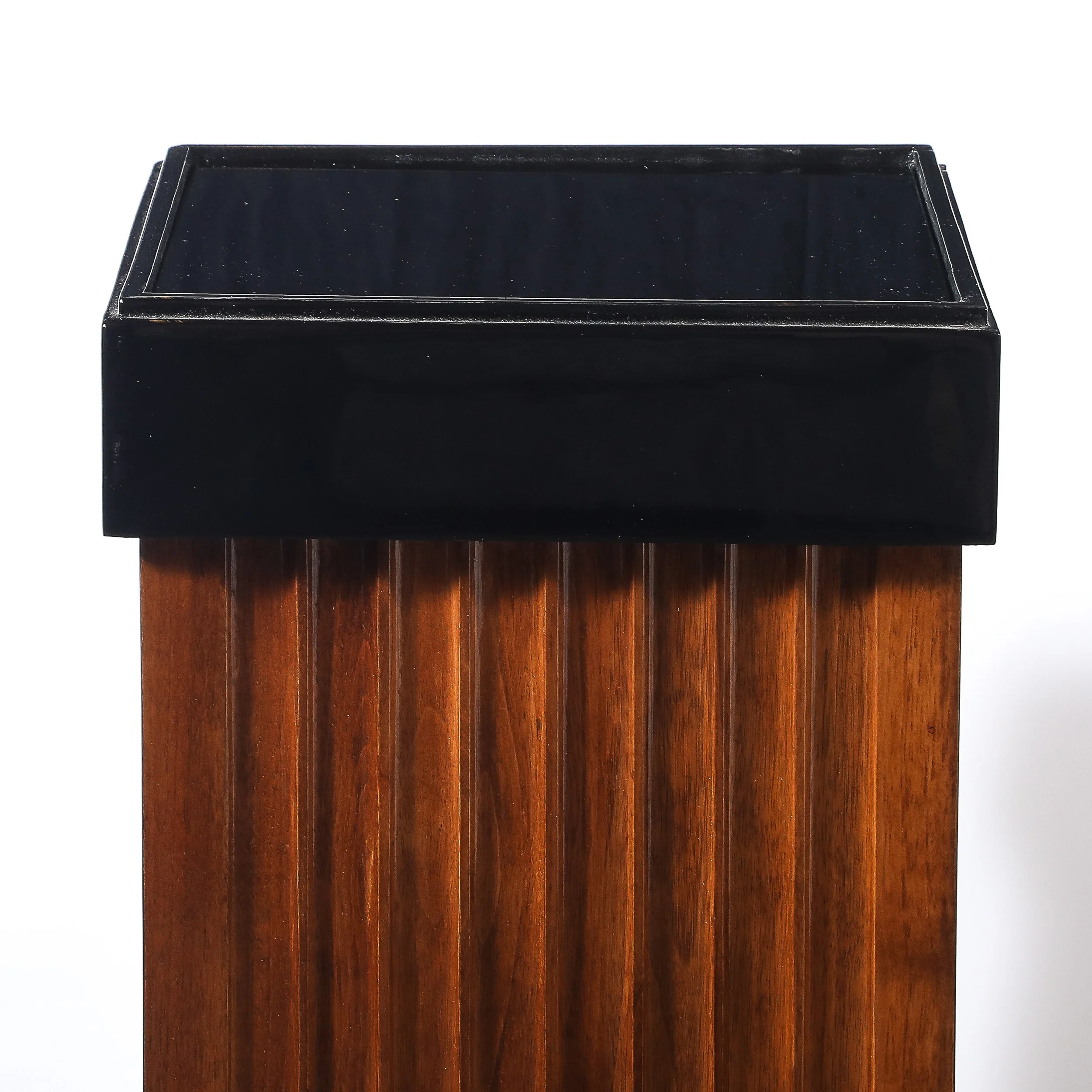 Pair of Art Deco Pedestals in Fluted Walnut & Black Lacquer Bases w: Glass Tops - High Style Deco 4.jpg