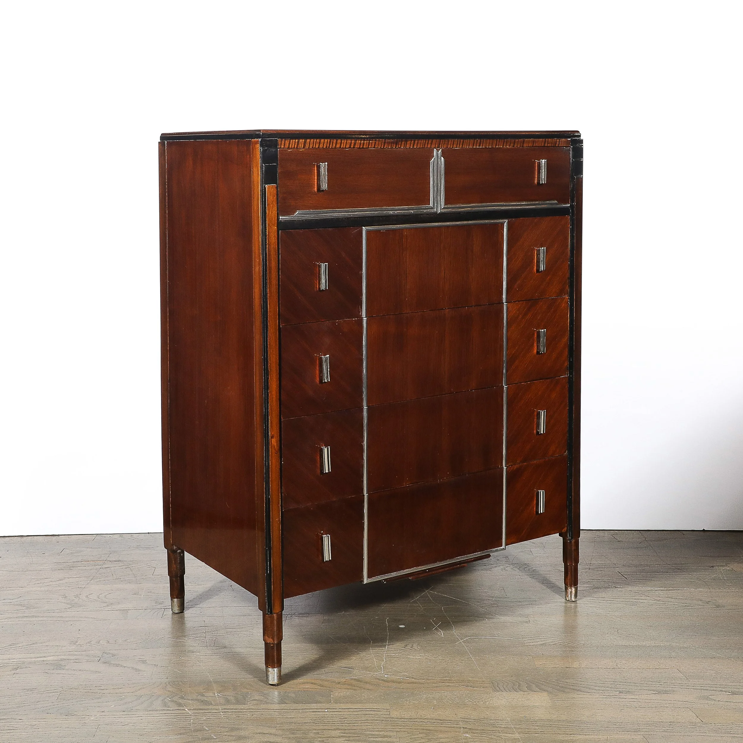 Art Deco Machine Age High Chest in Bookmatched Walnut, Black Lacquer & Chrome - High Style Deco 15.jpg